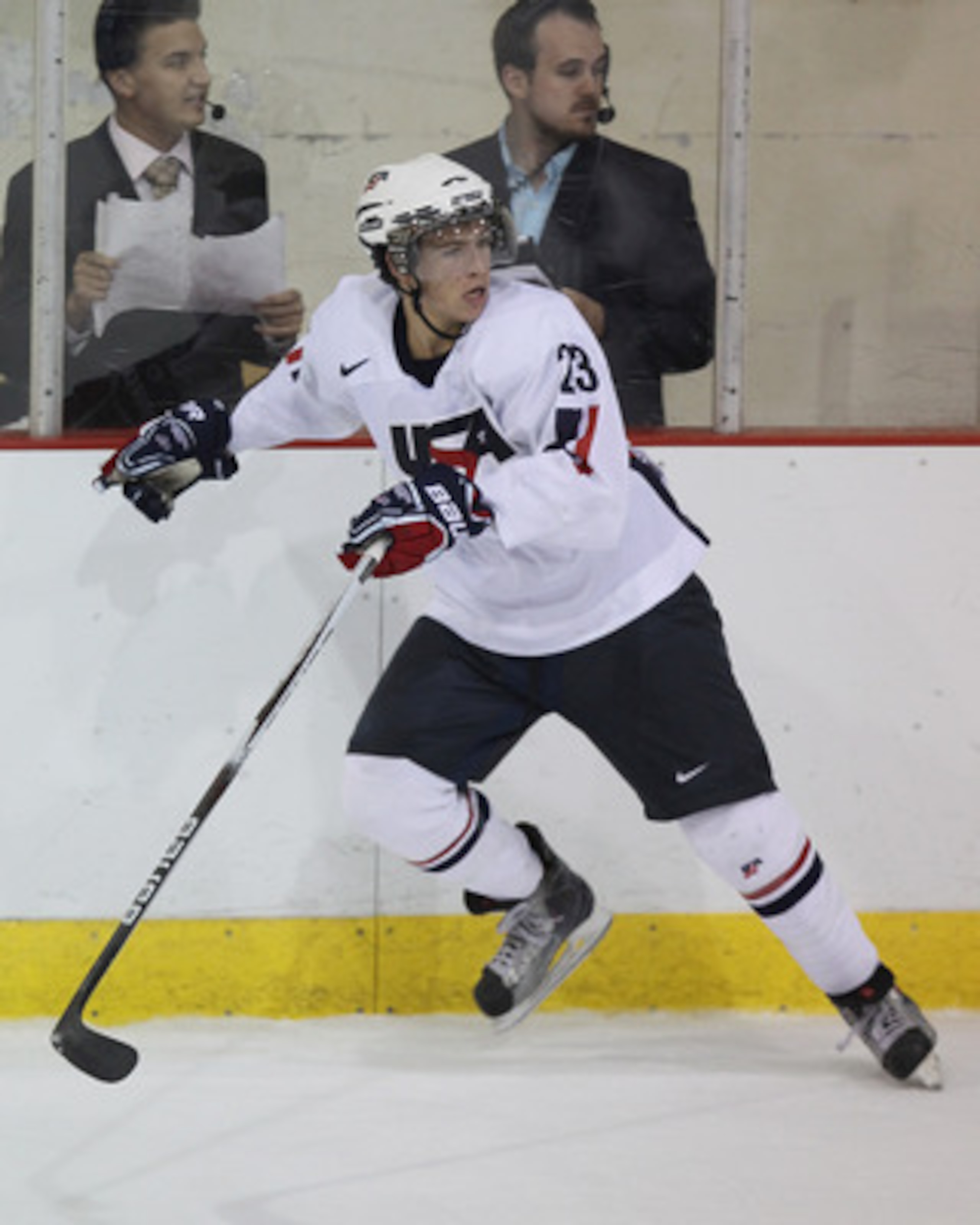LAKE PLACID, NY - AUGUST 04:  Beau Bennett #23 of Team USA skates against Team Finland at the USA Hockey National Evaluation Camp on August 4, 2010 in Lake Placid, New York. The USA defeated Finland 6-3.  (Photo by Bruce Bennett/Getty Images)