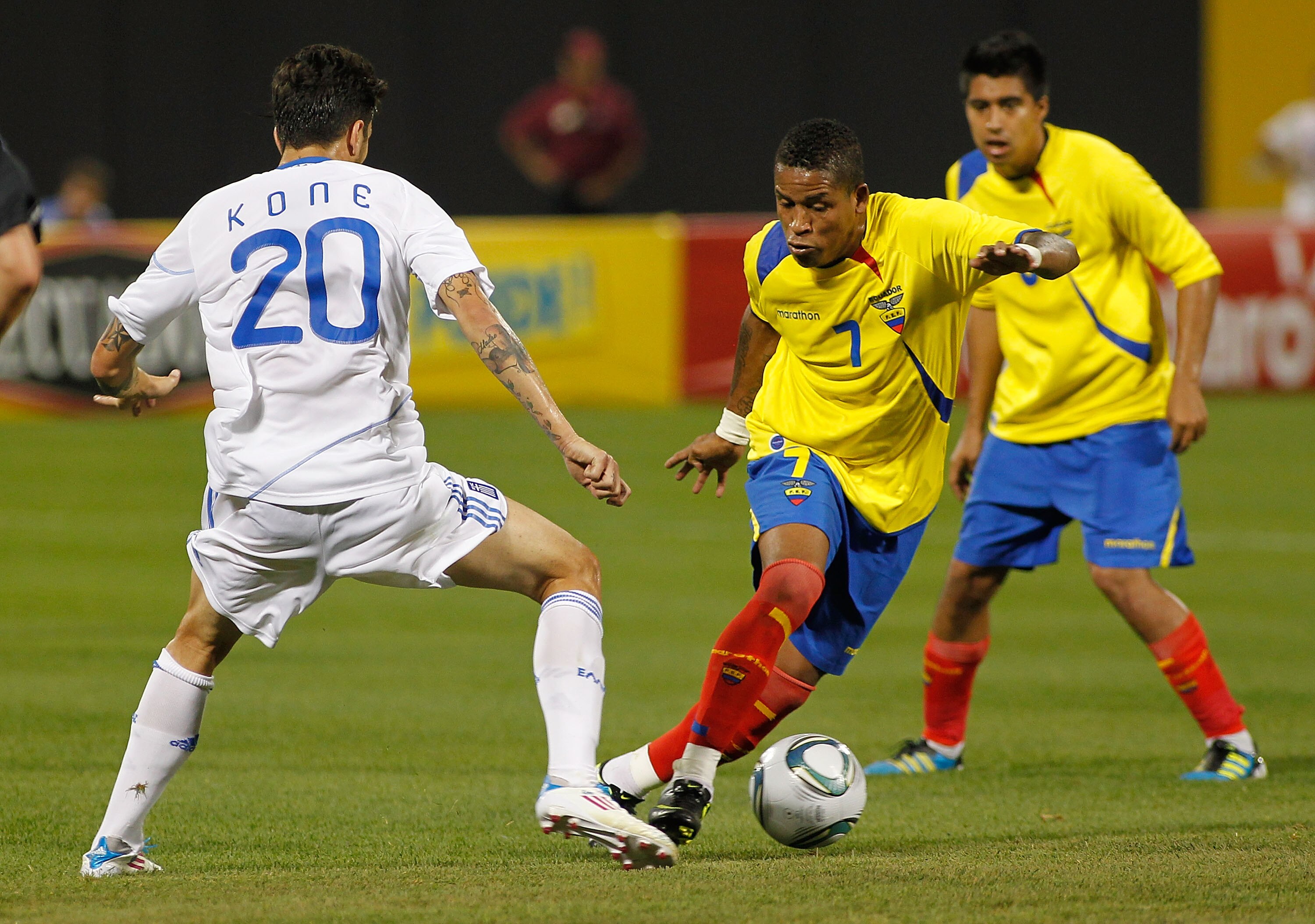 NEW YORK - JUNE 07:  Michael Arroyo #7 of Ecuador carries the ball against Kone Panagiotis #20 of Greece on June 7, 2011 at Citi Field in the Flushing neighborhood of the Queens borough of New York City.  (Photo by Mike Stobe/Getty Images)