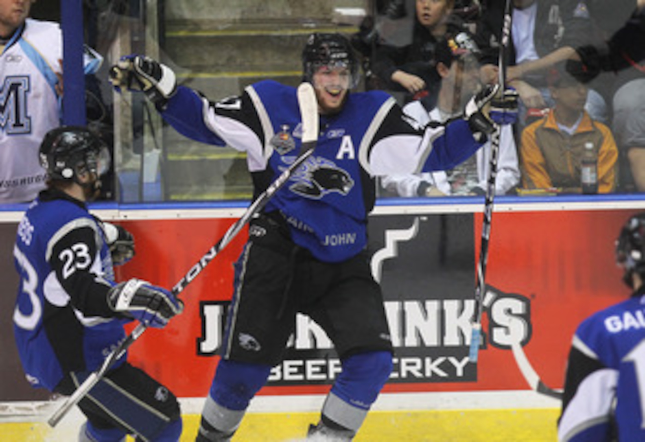 MISSISSAUGA, CANADA - MAY 29: Simon Despres #47 of the saint John Sea Dogs celebrates his goal against the Mississauga St. Michael's Majors in the 2011 CHL Memorial Cup final on May 29, 2011 at the Hershey Centre in Mississauga, Canada. (Photo by Claus An