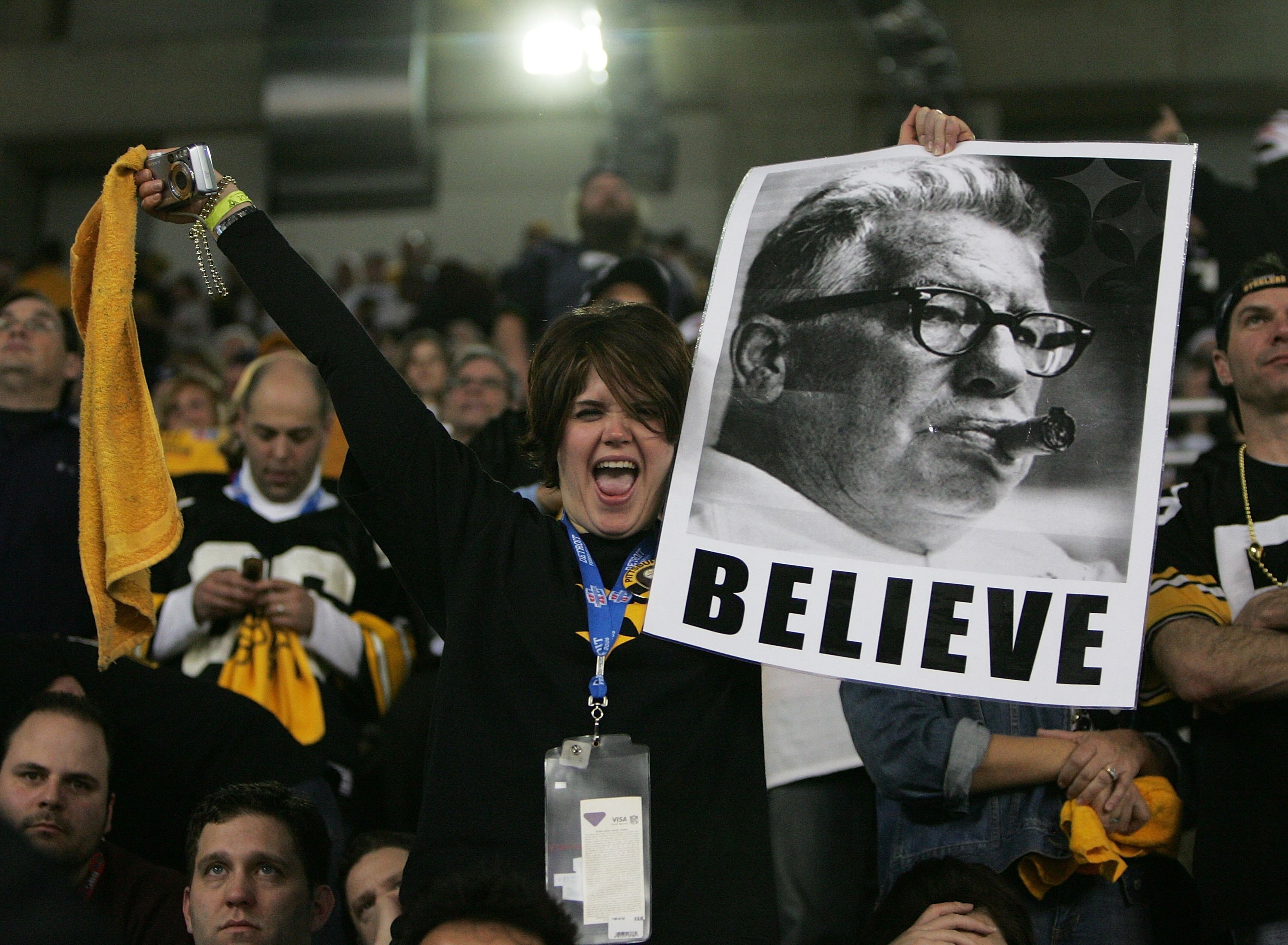 DETROIT - FEBRUARY 05: A fan of the Pittsburgh Steelers holds up an image of Art Rooney following the Steelers 21-10 win over the Seattle Seahawks in Super Bowl XL at Ford Field on February 5, 2006 in Detroit, Michigan. (Photo by Andy Lyons/Getty Images)