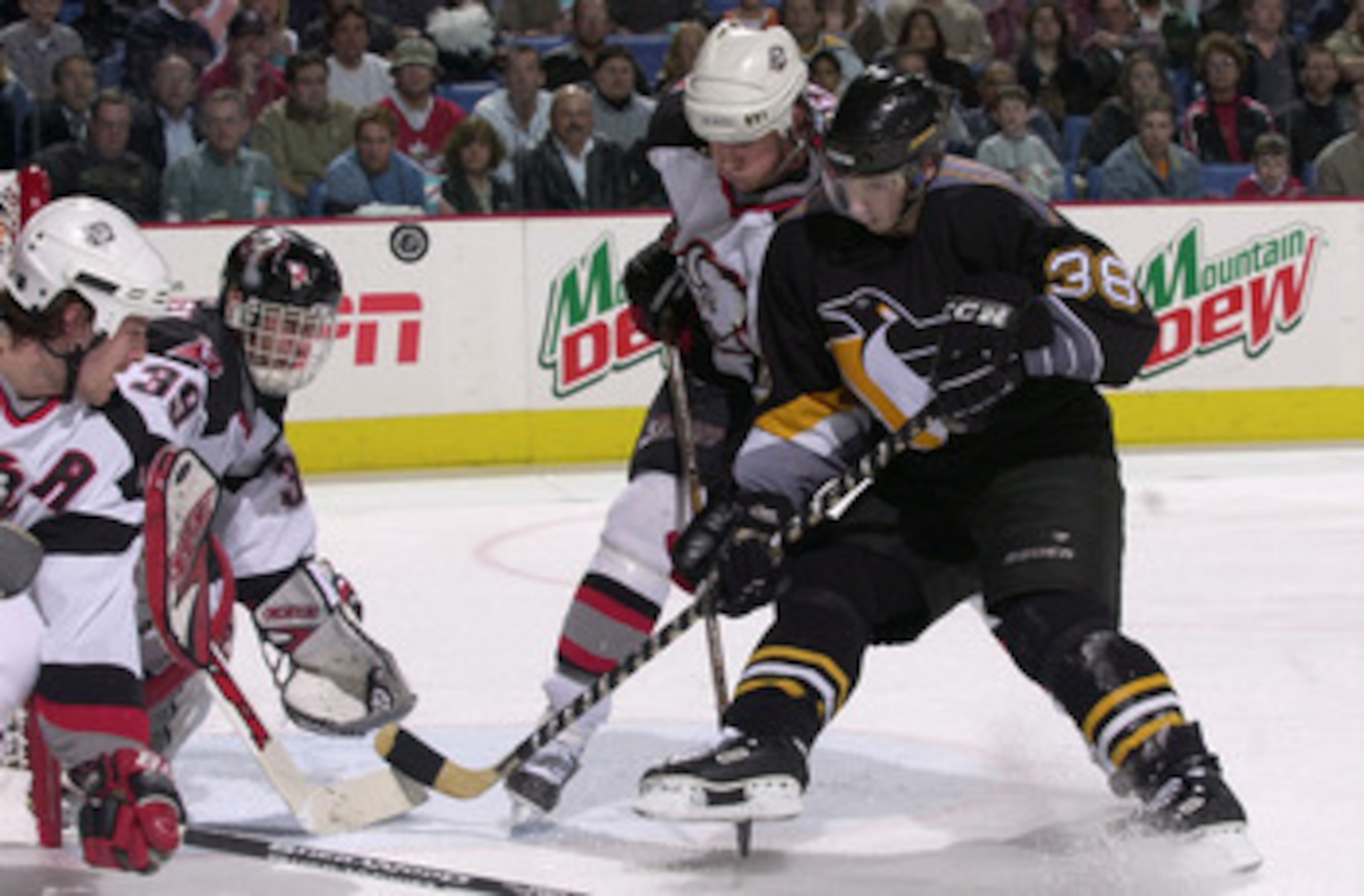 26 Apr 2001:  Jan Hrdina #38 of the Pittsburgh Penguins takes a shot on goalie Dominik Hasek #39 of the Buffalo Sabres during Game on1e of the Eastern Conference semifinals in the Stanley Cup playoffs at the HSBC Arena in Buffalo, New York. The Penguins w