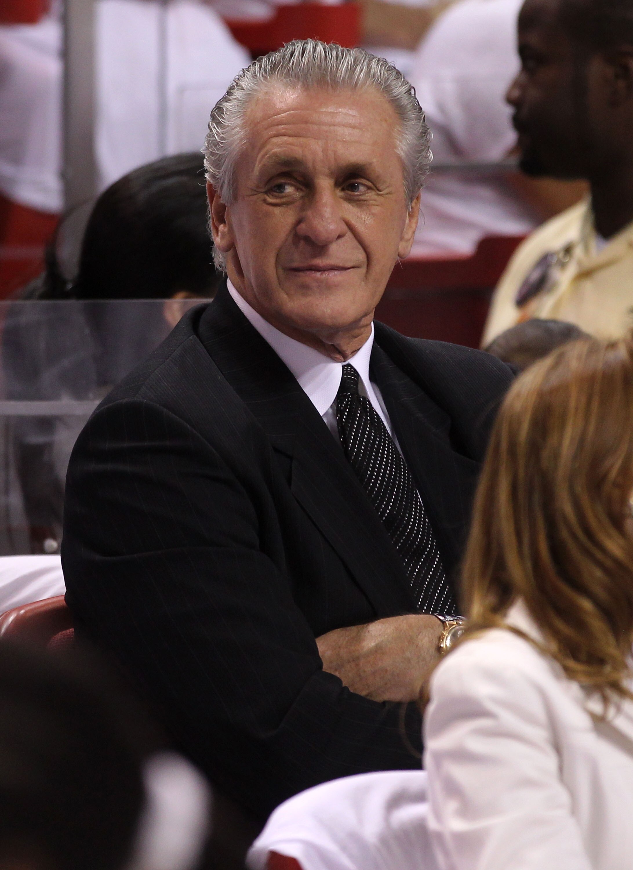 MIAMI, FL - MAY 31:  Team President Pat Riley of the Miami Heat looks on during halftime as the Heat take on the Dallas Mavericks in Game One of the 2011 NBA Finals at American Airlines Arena on May 31, 2011 in Miami, Florida. NOTE TO USER: User expressly