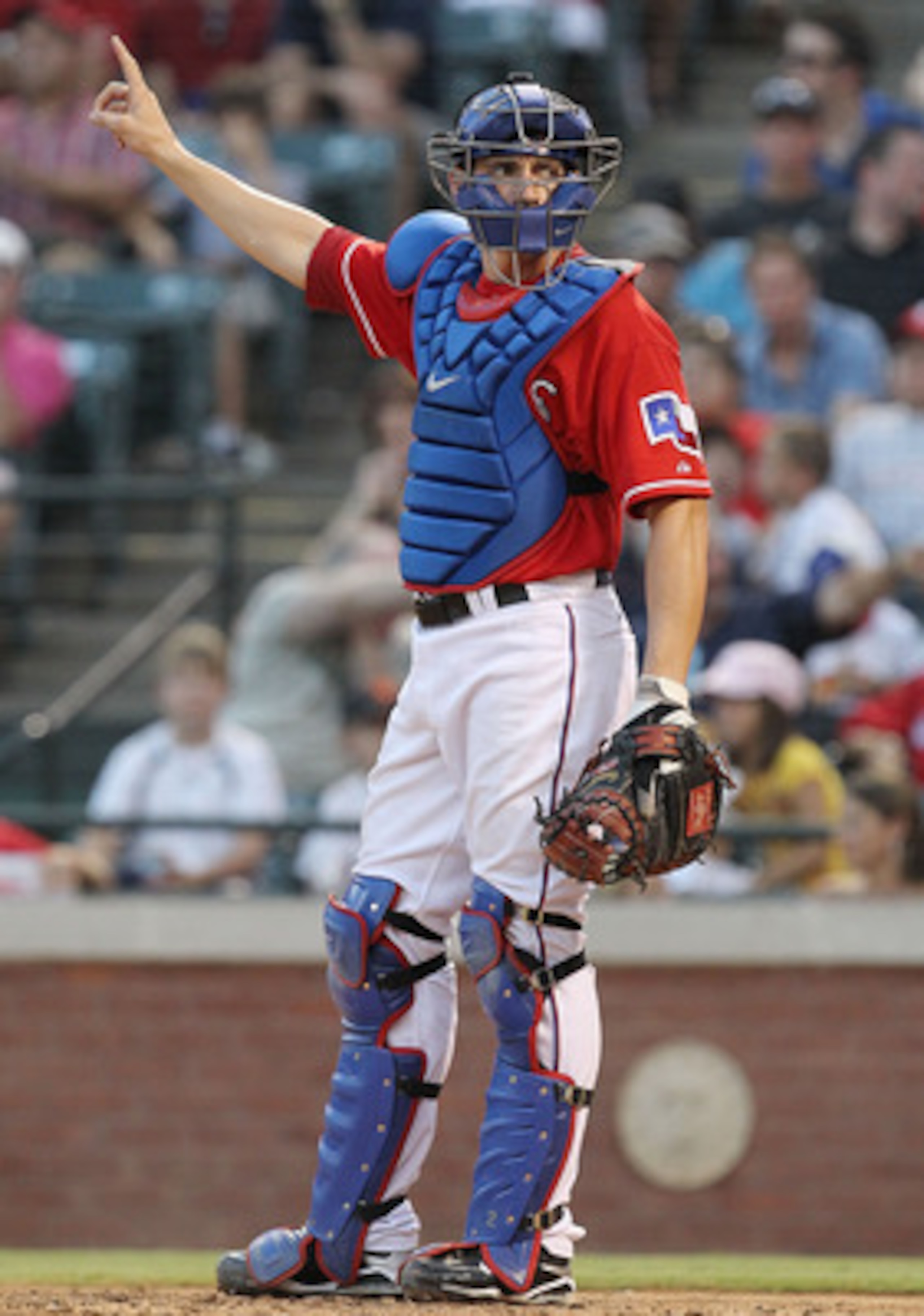 ARLINGTON, TX - JULY 29:  Catcher Taylor Teagarden #2 of the Texas Rangers on July 29, 2010 at Rangers Ballpark in Arlington, Texas.  (Photo by Ronald Martinez/Getty Images)