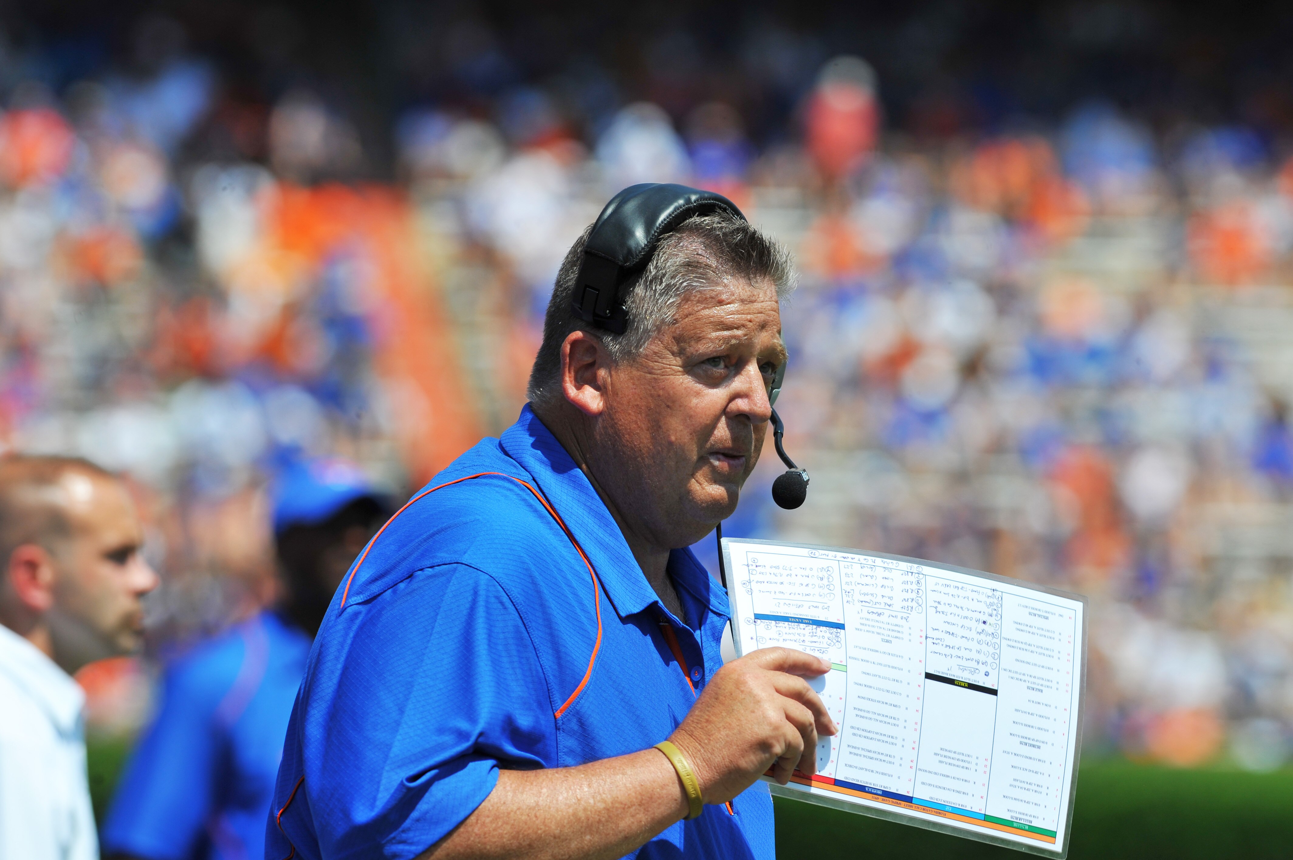 GAINESVILLE, FL - APRIL 9:  Offensive coordinator Charlie Weis of the Florida Gators directs play during the Orange and Blue spring football game April 9, 2010 Ben Hill Griffin Stadium in Gainesville, Florida.  (Photo by Al Messerschmidt/Getty Images)