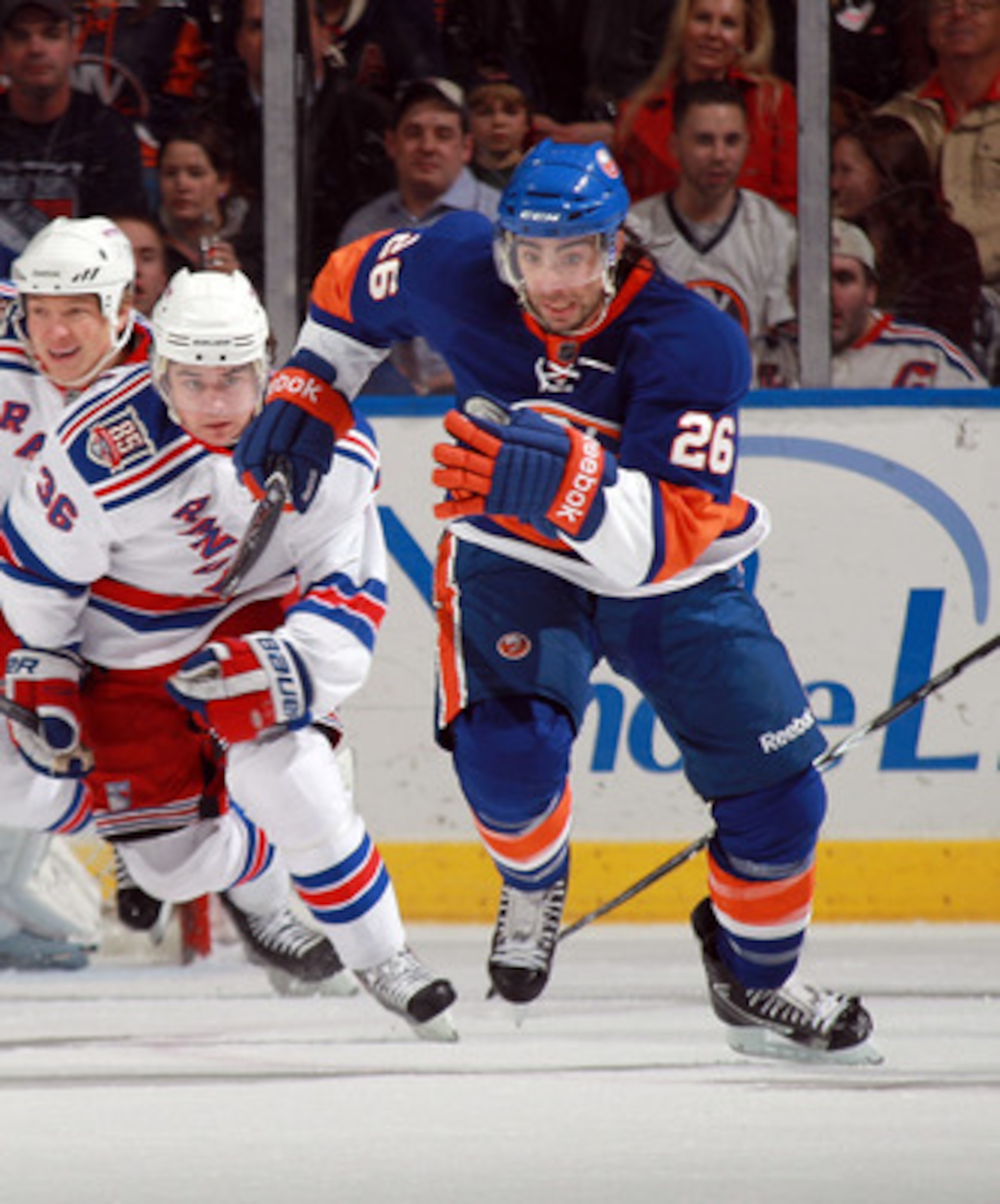 UNIONDALE, NY - MARCH 31: Matt Moulson #26 of the New York Islanders skates against the New York Rangers at the Nassau Coliseum on March 31, 2011 in Uniondale, New York.  (Photo by Bruce Bennett/Getty Images)