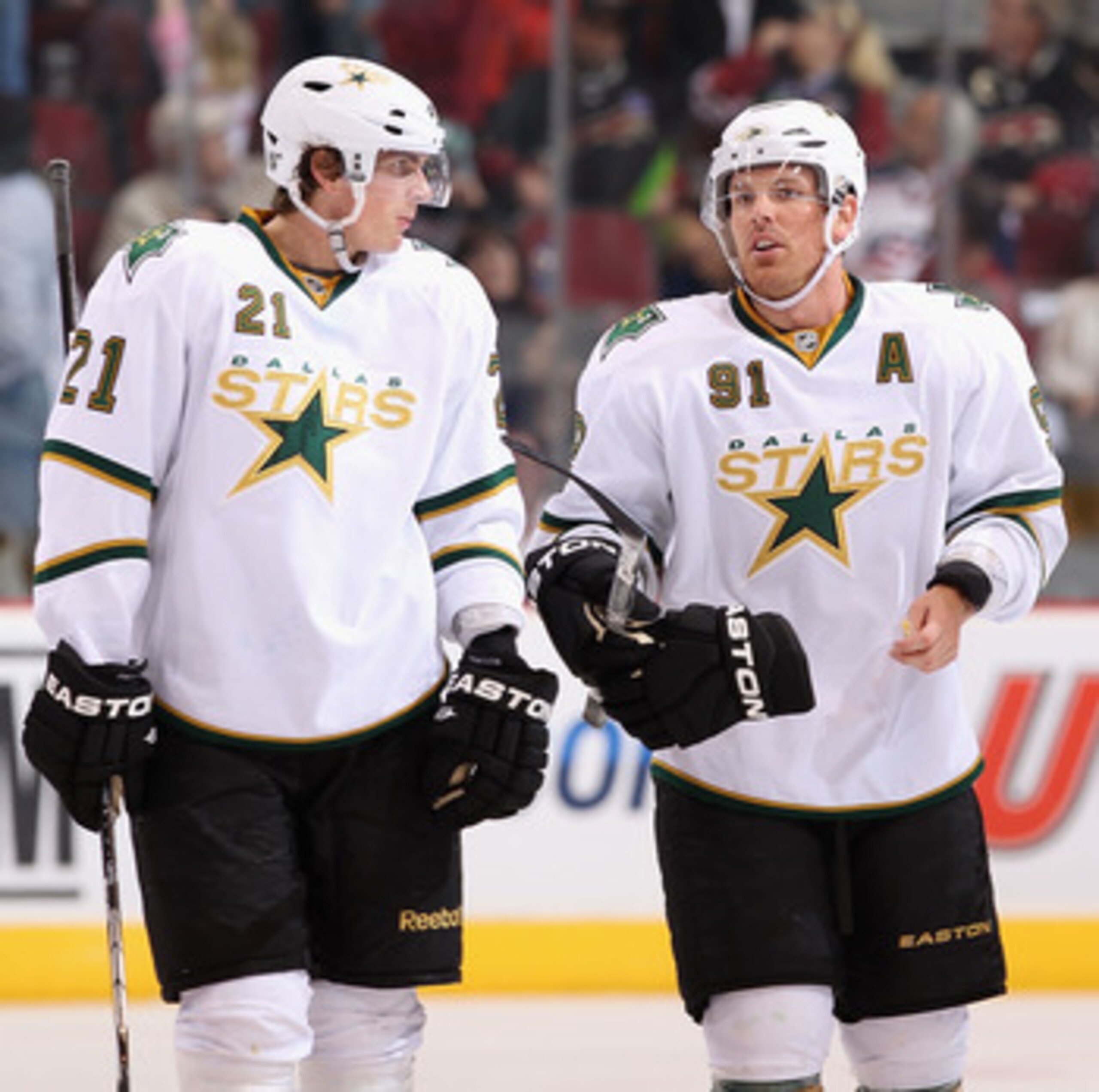 GLENDALE, AZ - MARCH 29:  (L-R) Loui Eriksson #21, Brad Richards #91 and Mark Fistric #28 of the Dallas Stars during the NHL game against the Phoenix Coyotes at Jobing.com Arena on March 29, 2011 in Glendale, Arizona. The Coyotes defeated the Stars 2-1 in