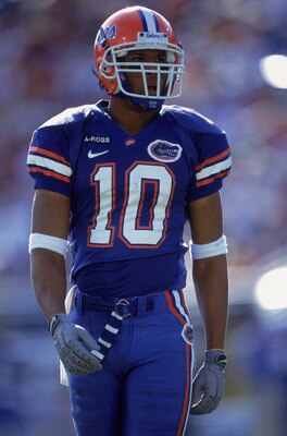 27 Oct 2001:  Jabar Gaffney #10 of the Florida Gators walks out on the field during the game against the Georgia Bulldogs at the Alltel Stadium in Jacksonville, Florida.  The Gators defeated the Bulldogs 24-10.Mandatory Credit: Andy Lyons /Allsport