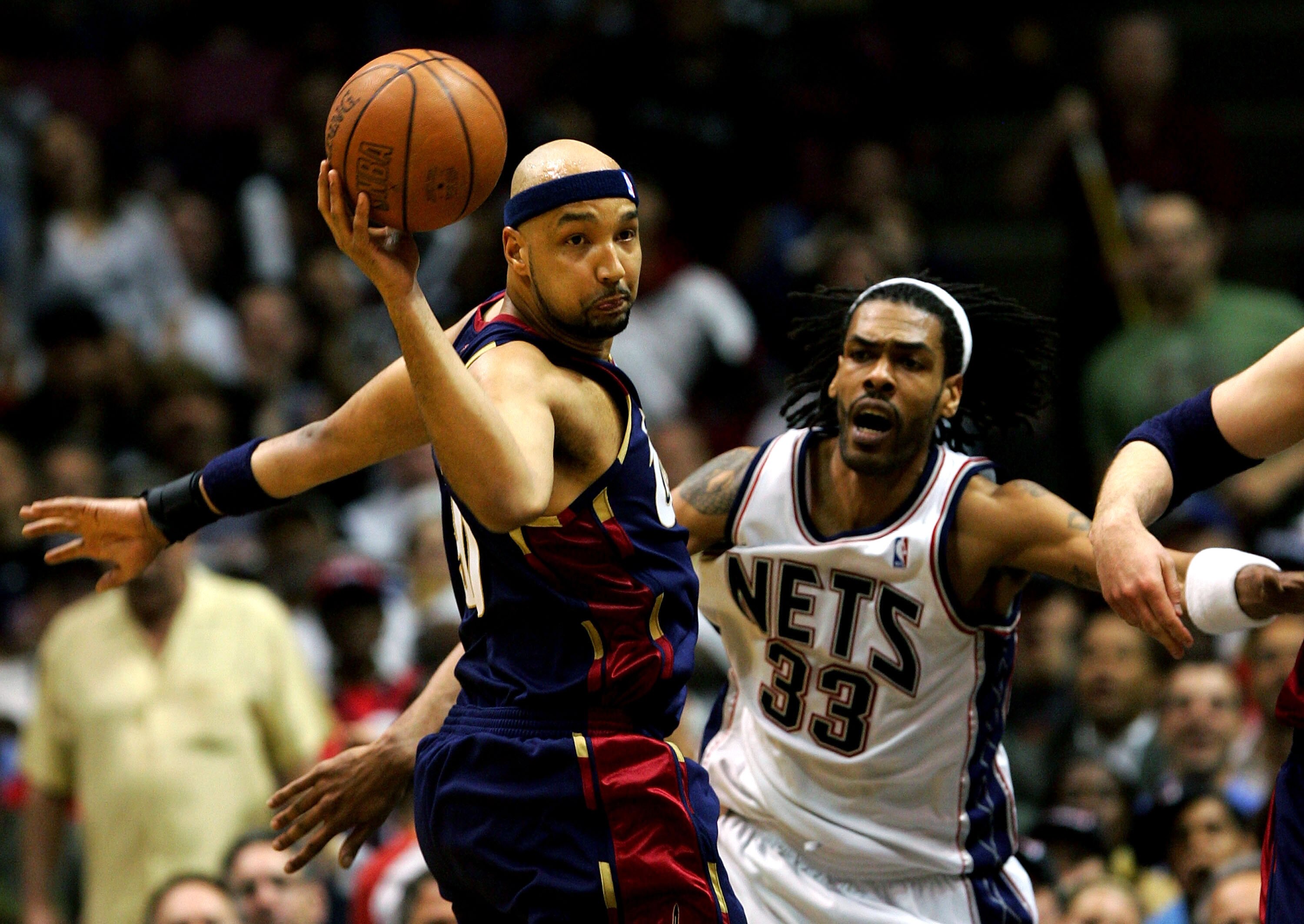 EAST RUTHERFORD, NJ - MAY 14:  Mikki Moore #33 of the New Jersey Nets defends Drew Gooden #90 of the Cleveland Cavaliers in Game Four of the Eastern Conference Semifinals during the 2007 NBA Playoffs on May 14, 2007 at the Continental Airlines Arena in th
