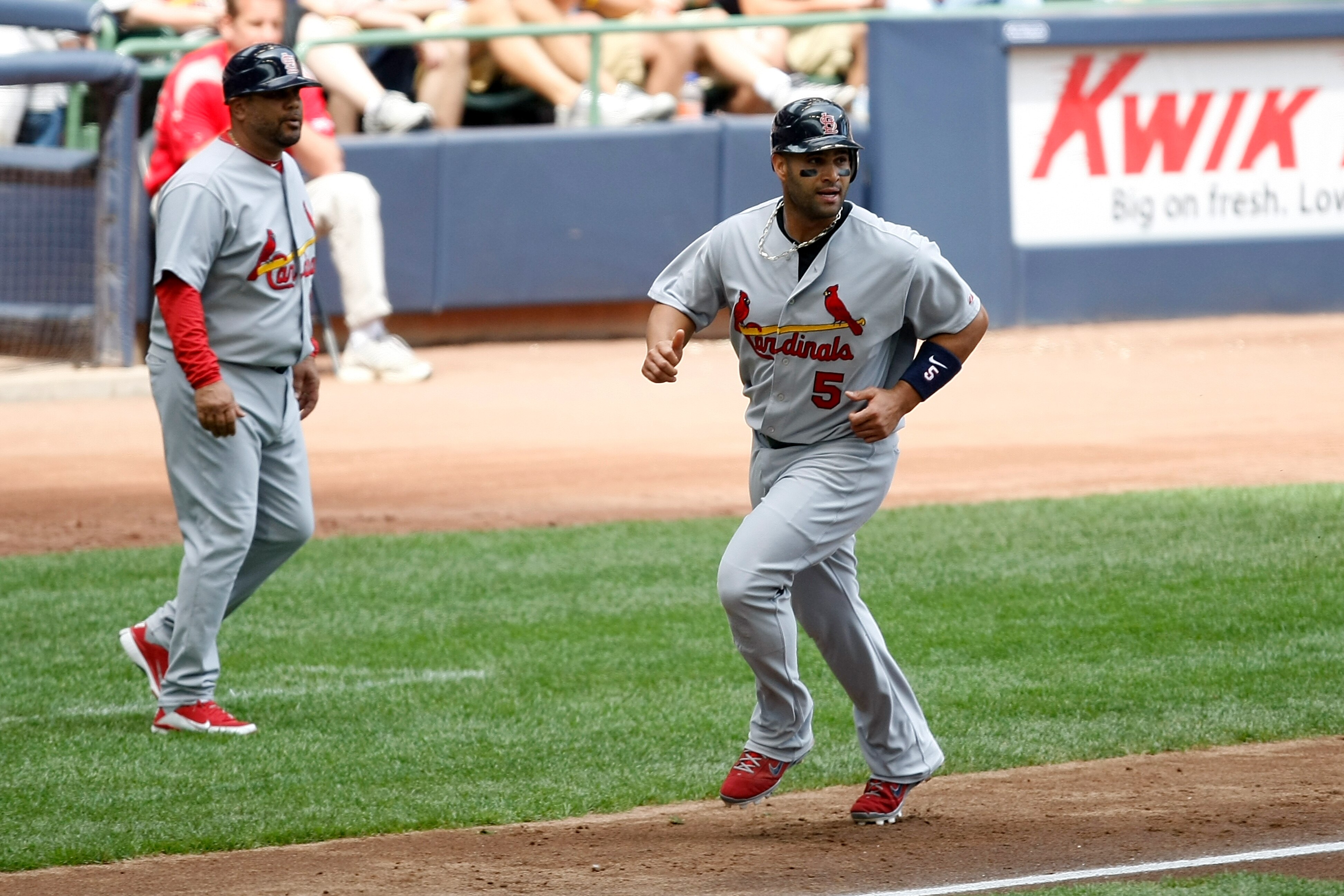MILWAUKEE, WI - JUNE 12: Albert Pujols #5 of the St. Louis Cardinals runs home to score a run against the Milwaukee Brewers at Miller Park on June 12, 2011 in Milwaukee, Wisconsin. (Photo by Scott Boehm/Getty Images)