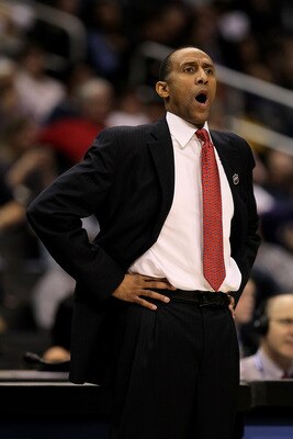 LOS ANGELES, CA - MARCH 12:  Stanford Cardinal head coach Johnny Dawkins yells at his team against the Washington Huskies in the second half during the Semifinals of the Pac-10 Basketball Tournament at Staples Center on March 12, 2010 in Los Angeles, Cali