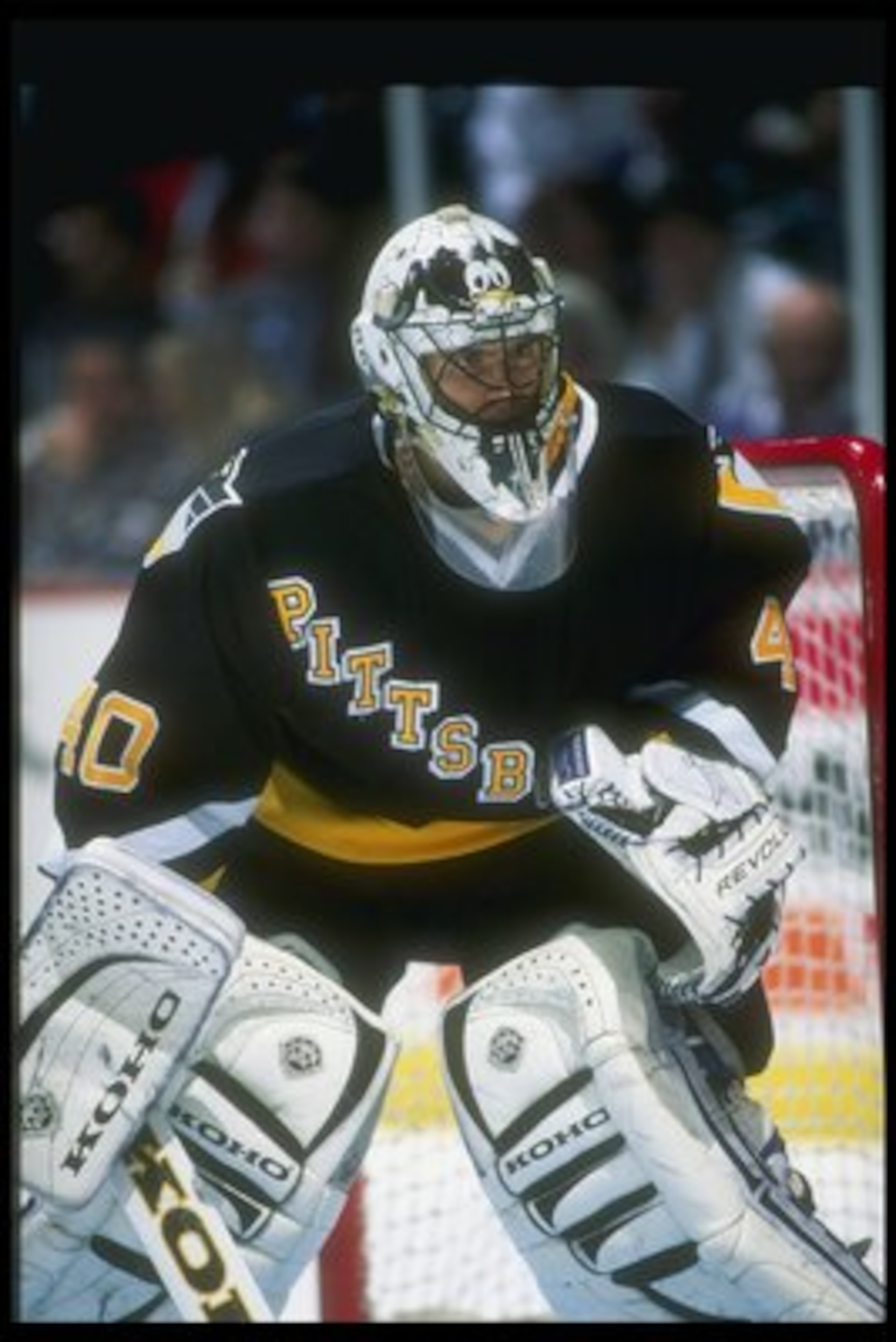 11 Dec 1996:  Goaltender Patrick Lalime of the Pittsburgh Penguins looks on during a game against the Anaheim Mighty Ducks at Arrowhead Pond in Anaheim, California.  The Penguins won the game, 7-3. Mandatory Credit: Glenn Cratty  /Allsport