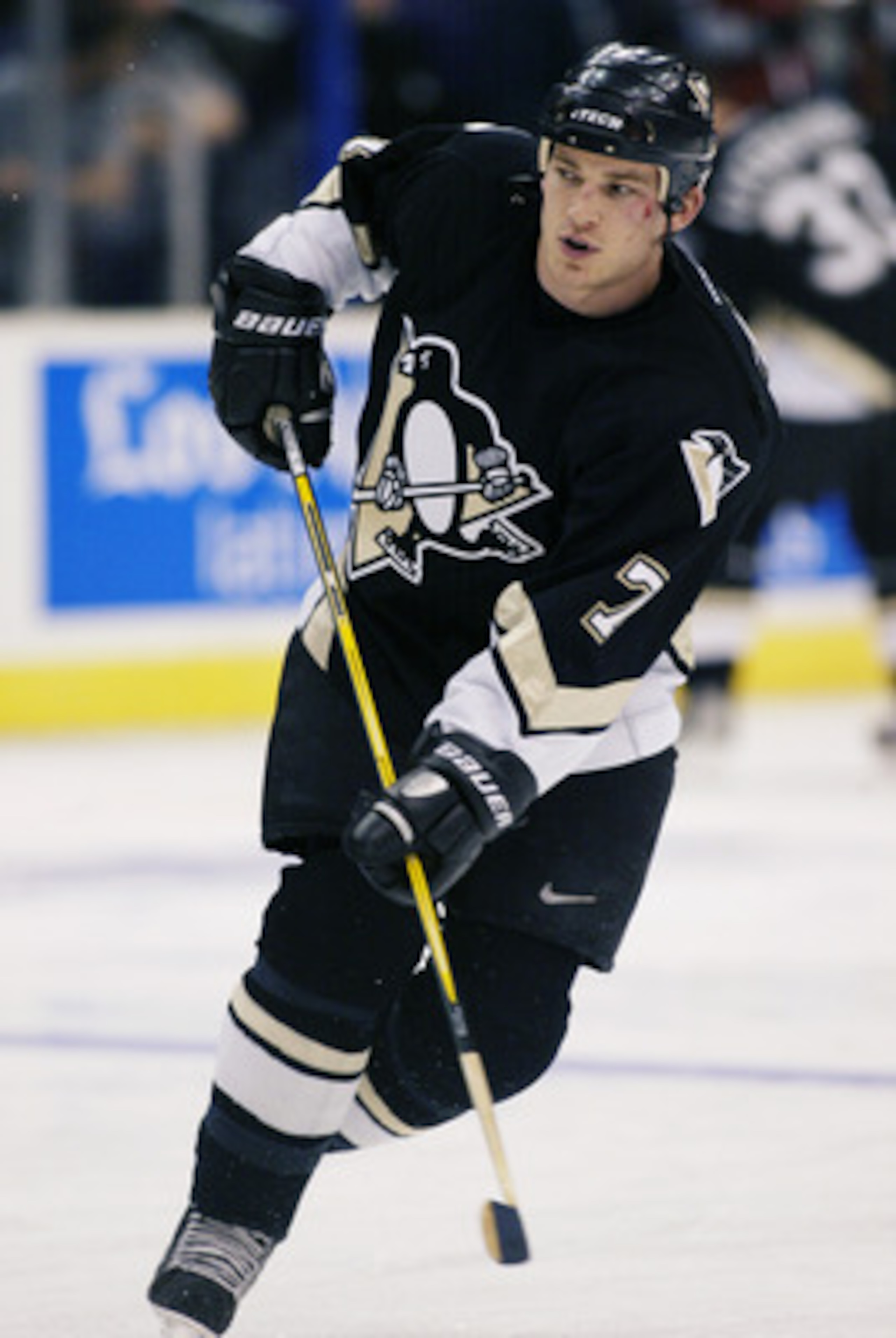 LOS ANGELES - DECEMBER 14:  Andrew Ference #7 of the Pittsburgh Penguins skates in warm-ups during the NHL game against the Los Angeles Kings at Staples Center on December 14, 2002 in Los Angeles, California. The Kings won 3-2.  (Photo by Victor Decolongo