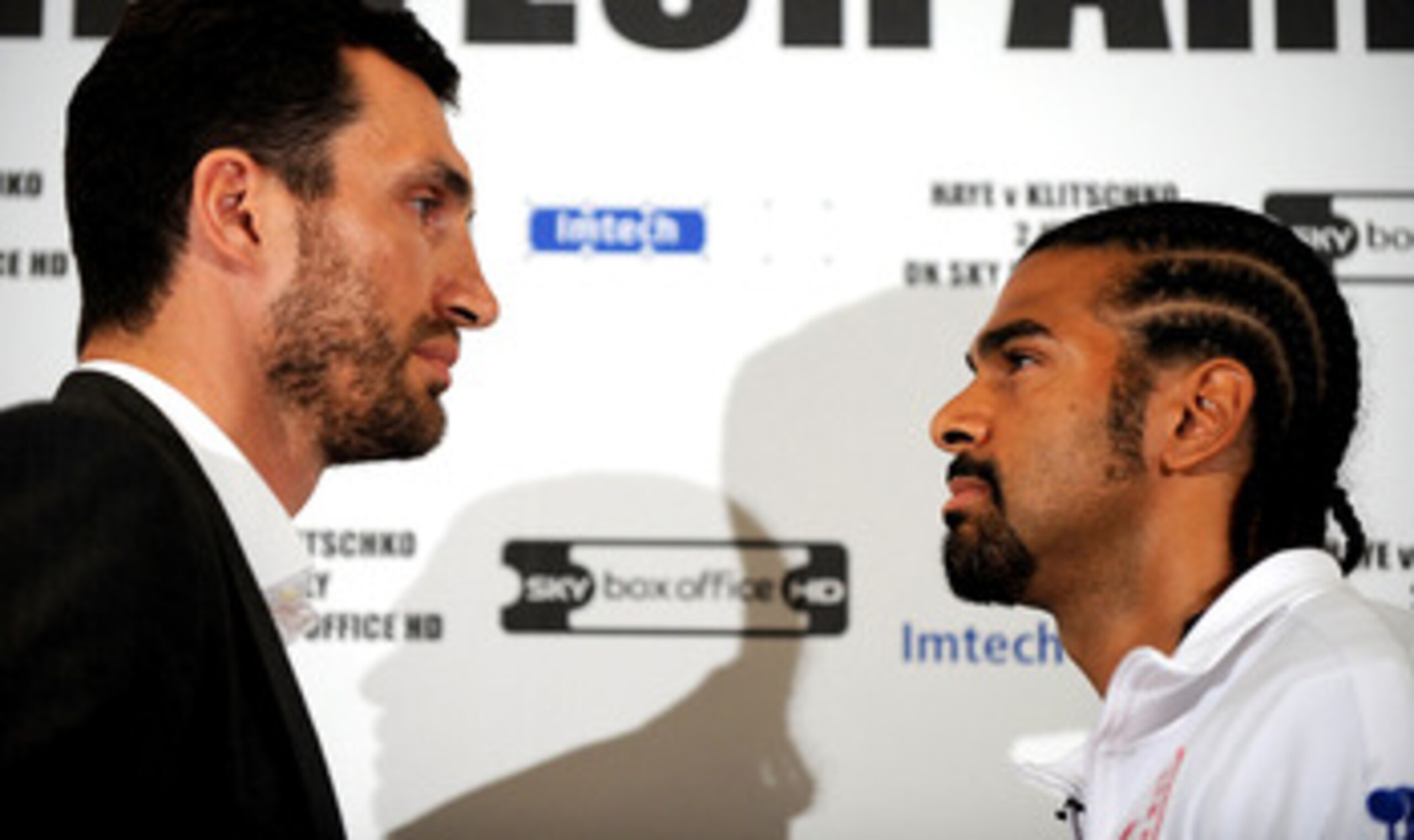 LONDON, ENGLAND - MAY 10:  David Haye and Wladimir Klitschko go head to head during the David Haye v Wladimir Klitschko Press Conference at the Park Plaza Hotel on May 10, 2011 in London, England.  (Photo by Christopher Lee/Getty Images)