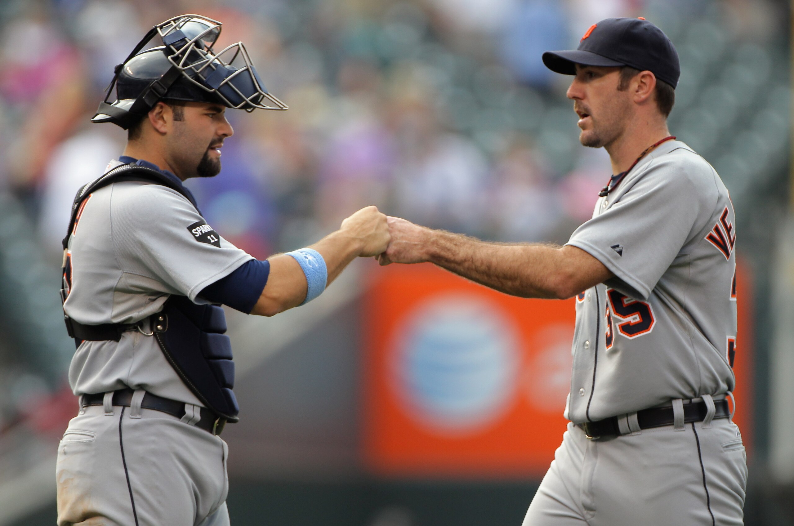 DENVER, CO - JUNE 19:  Catcher Alex Avila #13 and starting pitcher Justin Verlander #35 of the Detroit Tigers celebrate after their victory over the Colorado Rockies at Coors Field on June 19, 2011 in Denver, Colorado. Verlander pitched a complete game an