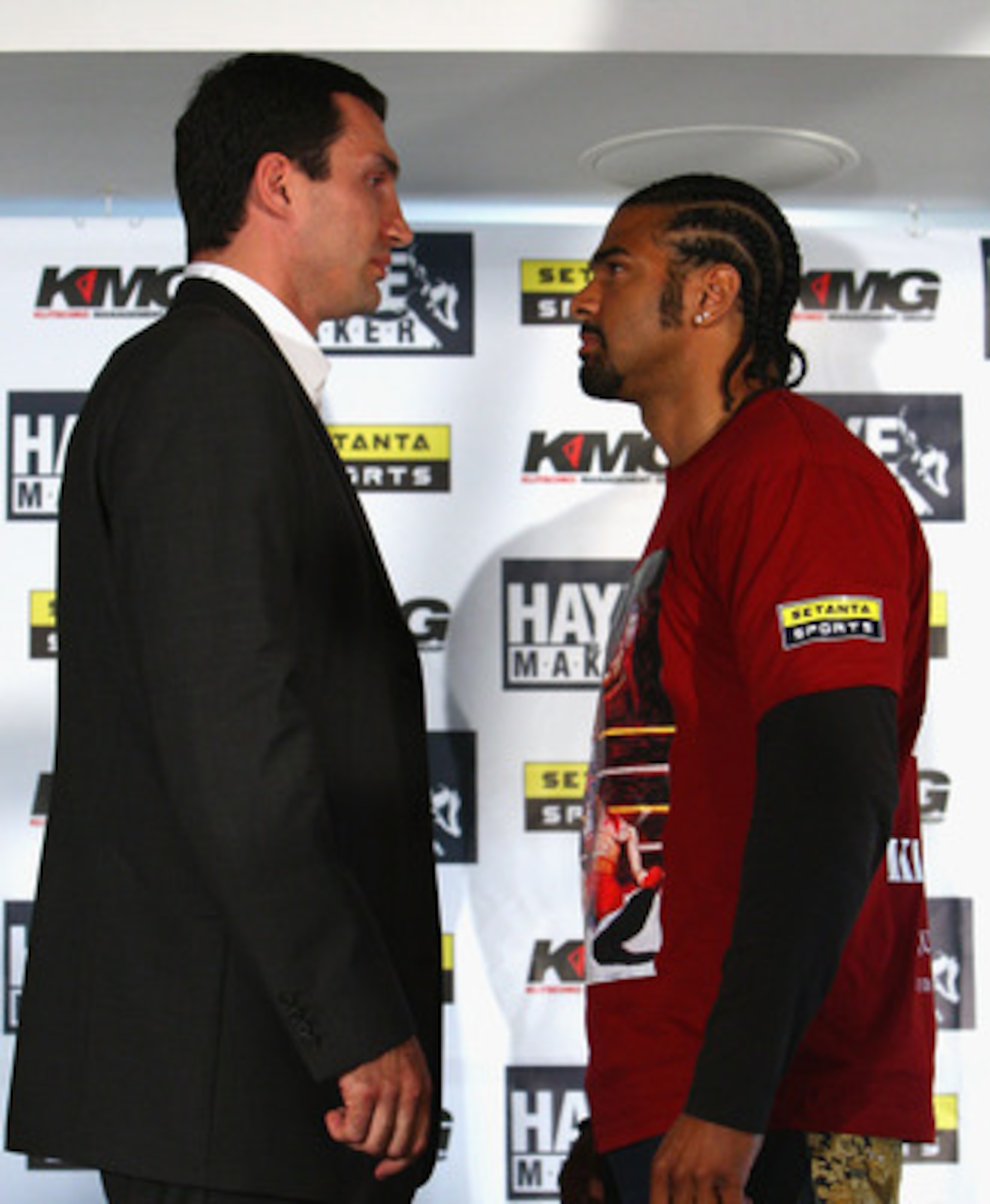 LONDON, ENGLAND - APRIL 20:  David Haye (R) of the United Kingdom and Wladimir Klitschko (L) of Ukraine pose during a press conference at The Hospital Club on April 20, 2009 in London, England. The IBF, IBO and WBO World Heavyweight Championship fight bet