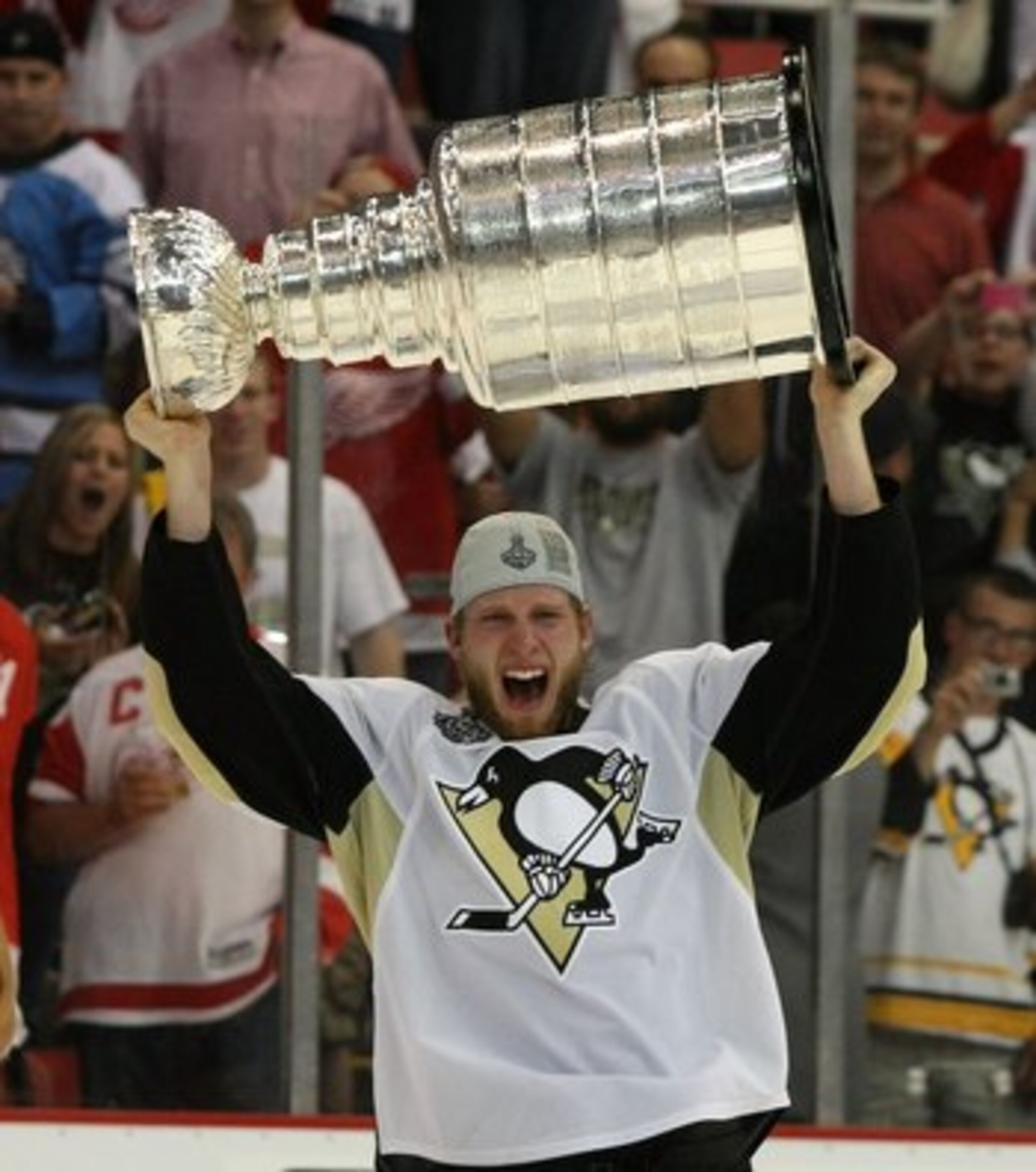 DETROIT - JUNE 12: Jordan Staal #11 of the Pittsburgh Penguins celebrates with the Stanley Cup following the Penguins victory over the Detroit Red Wings in Game Seven of the 2009 NHL Stanley Cup Finals at Joe Louis Arena on June 12, 2009 in Detroit, Michi