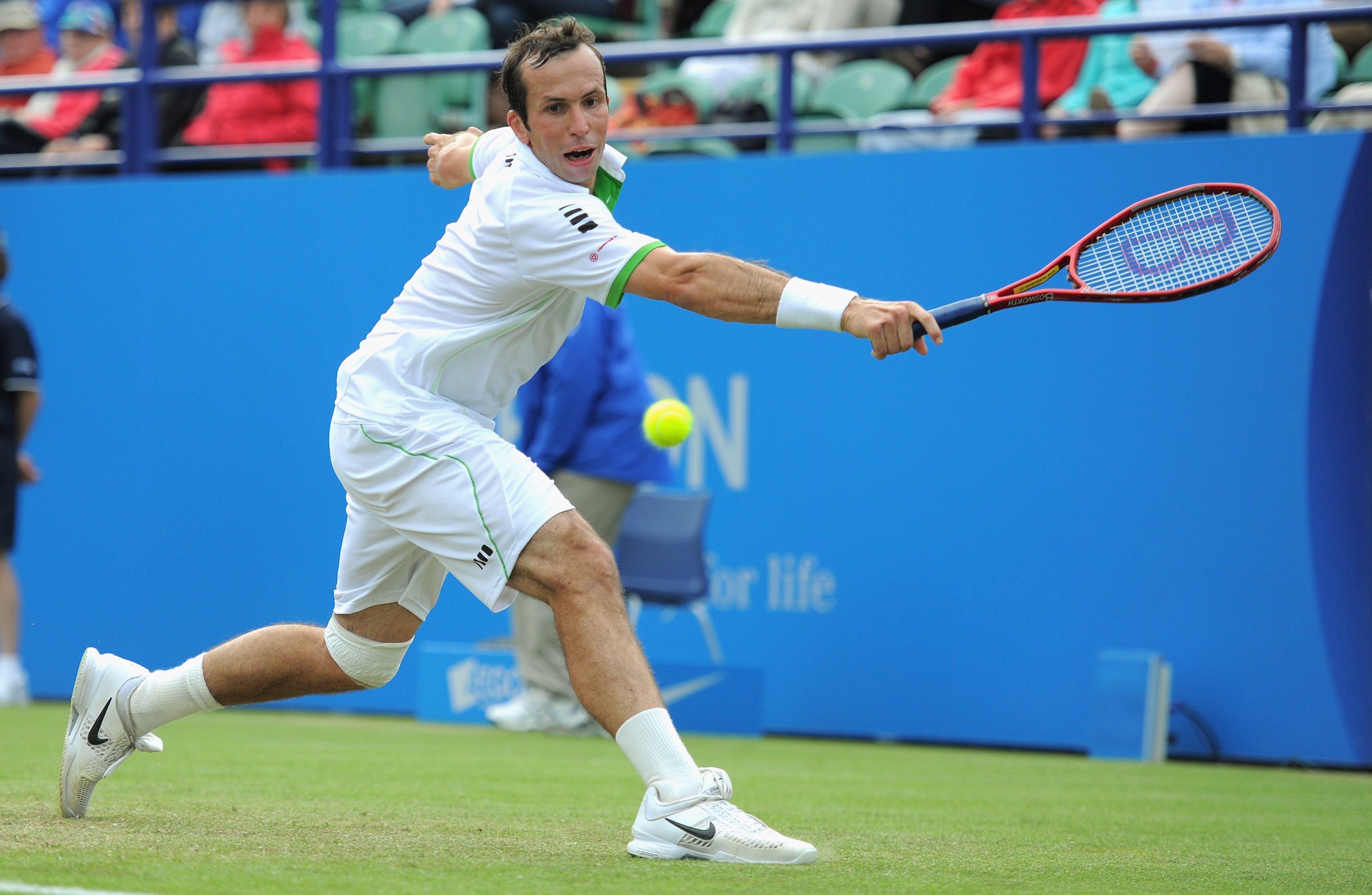 EASTBOURNE, ENGLAND - JUNE 15:  Radek Stepanek of the Czech Republic plays a shot in his match against Jo-Wilfred Tsonga of France during day 5 of the AEGON International tennis tournament on June 15, 2011 in Eastbourne, England.  (Photo by Michael Regan/