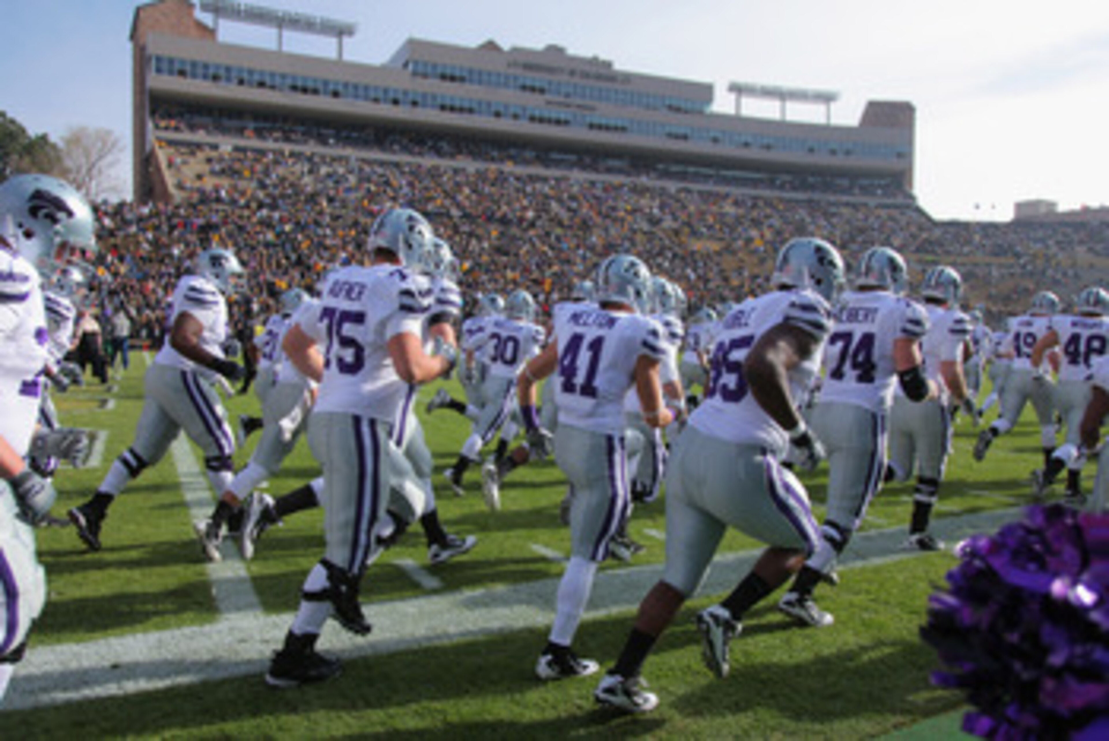 BOULDER, CO - NOVEMBER 20:  The Kansas State Wildcats take the field to face the Colorado Buffaloes at Folsom Field on November 20, 2010 in Boulder, Colorado. Colorado defeated Kansas State 44-36.  (Photo by Doug Pensinger/Getty Images)
