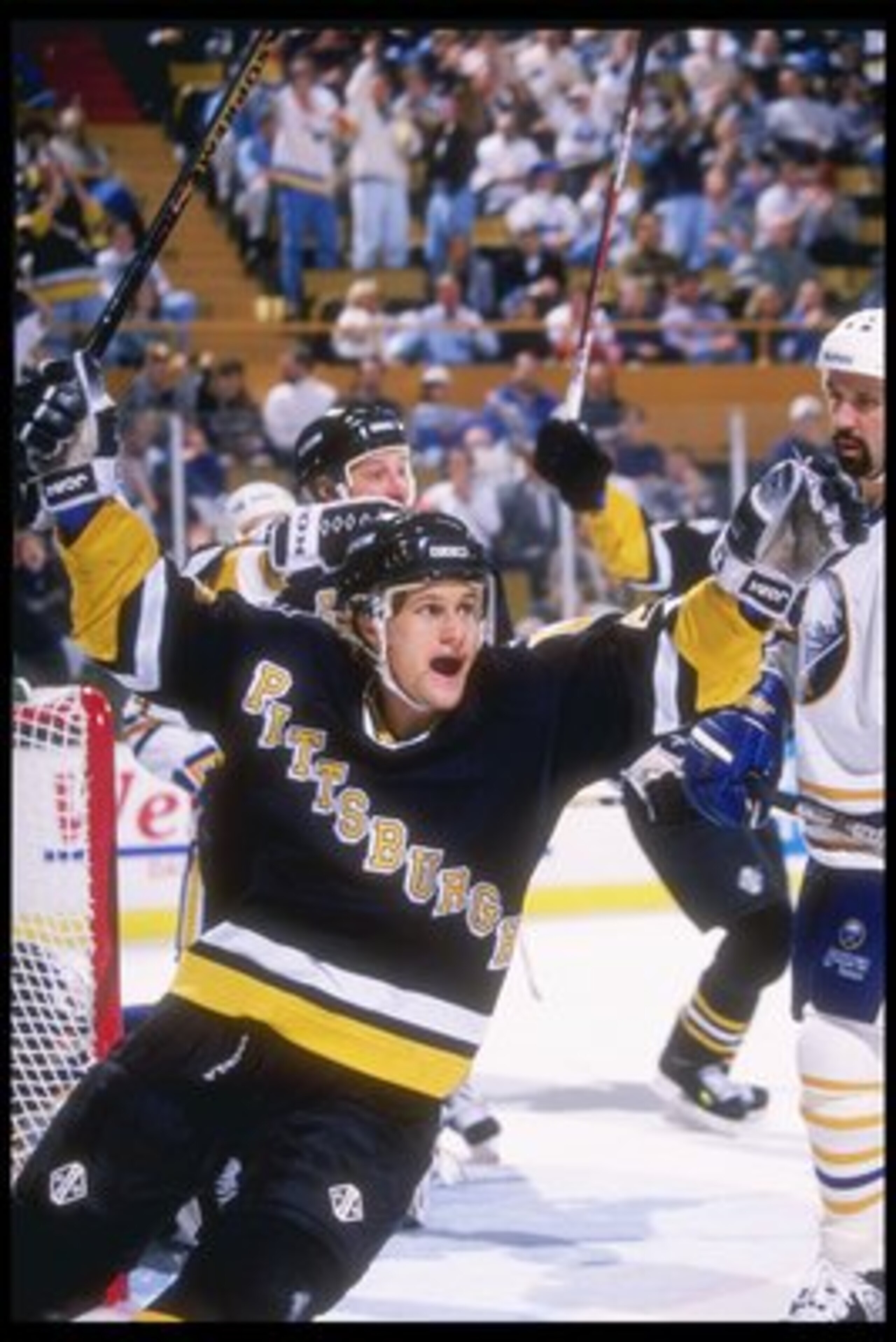3 Nov 1995:  Leftwinger Markus Naslund of the Pittsburgh Penguins celebrates during a game against the Buffalo Sabres at the Memorial Auditorium in Buffalo, New York.  The game was a tie, 3-3. Mandatory Credit: Rick Stewart  /Allsport