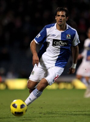 BLACKBURN, ENGLAND - JANUARY 23:  Roque Santa Cruz of Blackburn Rovers in action during the Barclays Premier League match between Blackburn Rovers and West Bromwich Albion at Ewood Park on January 23, 2011 in Blackburn, England.  (Photo by Alex Livesey/Ge
