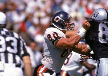 LOS ANGELES - SEPTEMBER 2:  Tight end James Thornton #80 of the Chicago Bears battles against tight end Trey Junkin #87 of the Los Angeles Raiders during a preseason game at the Los Angeles Memorial Coliseum on September 2, 1989 in Los Angeles, California