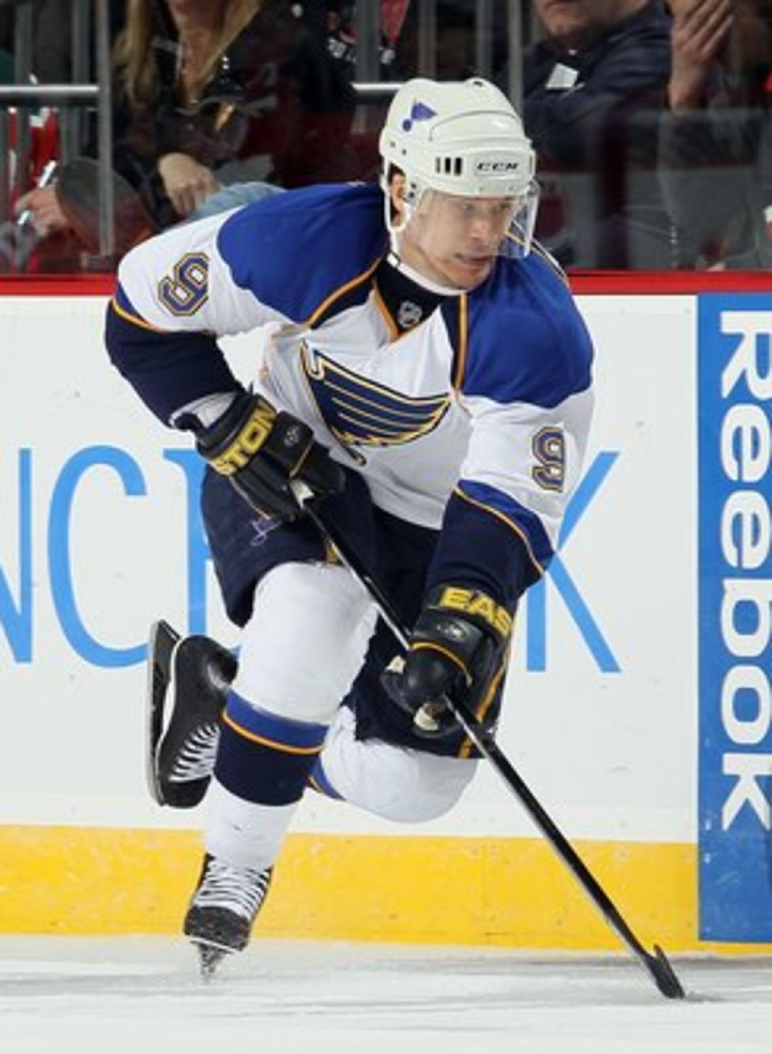 NEWARK, NJ - MARCH 20:  Paul Kariya #9 of the St. Louis Blues skates against the New Jersey Devils at the Prudential Center on March 20, 2010 in Newark, New Jersey. The Blues defeated the Devils 1-0.  (Photo by Jim McIsaac/Getty Images)