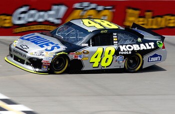 BROOKLYN, MI - JUNE 17: Jimmie Johnson drives the #48 Lowe's/Kobalt Tools Chevrolet during practice for the NASCAR Sprint Cup Series Heluva Good! Sour Cream Dips 400 at Michigan International Speedway on June 17, 2011 in Brooklyn, Michigan.  (Photo by Geo