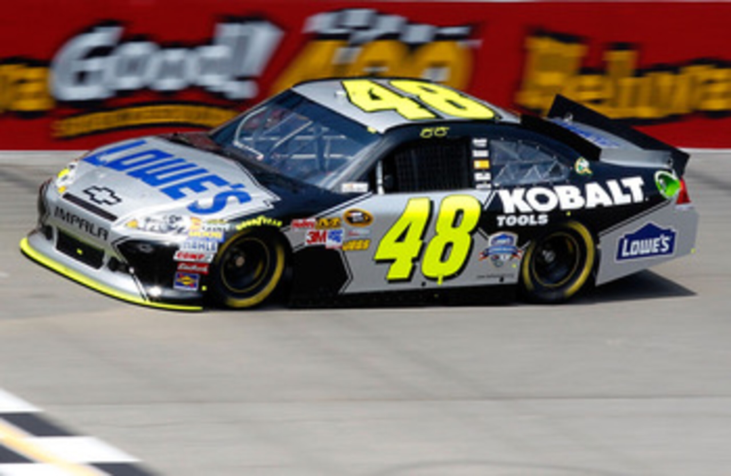 BROOKLYN, MI - JUNE 17: Jimmie Johnson drives the #48 Lowe's/Kobalt Tools Chevrolet during practice for the NASCAR Sprint Cup Series Heluva Good! Sour Cream Dips 400 at Michigan International Speedway on June 17, 2011 in Brooklyn, Michigan.  (Photo by Geo