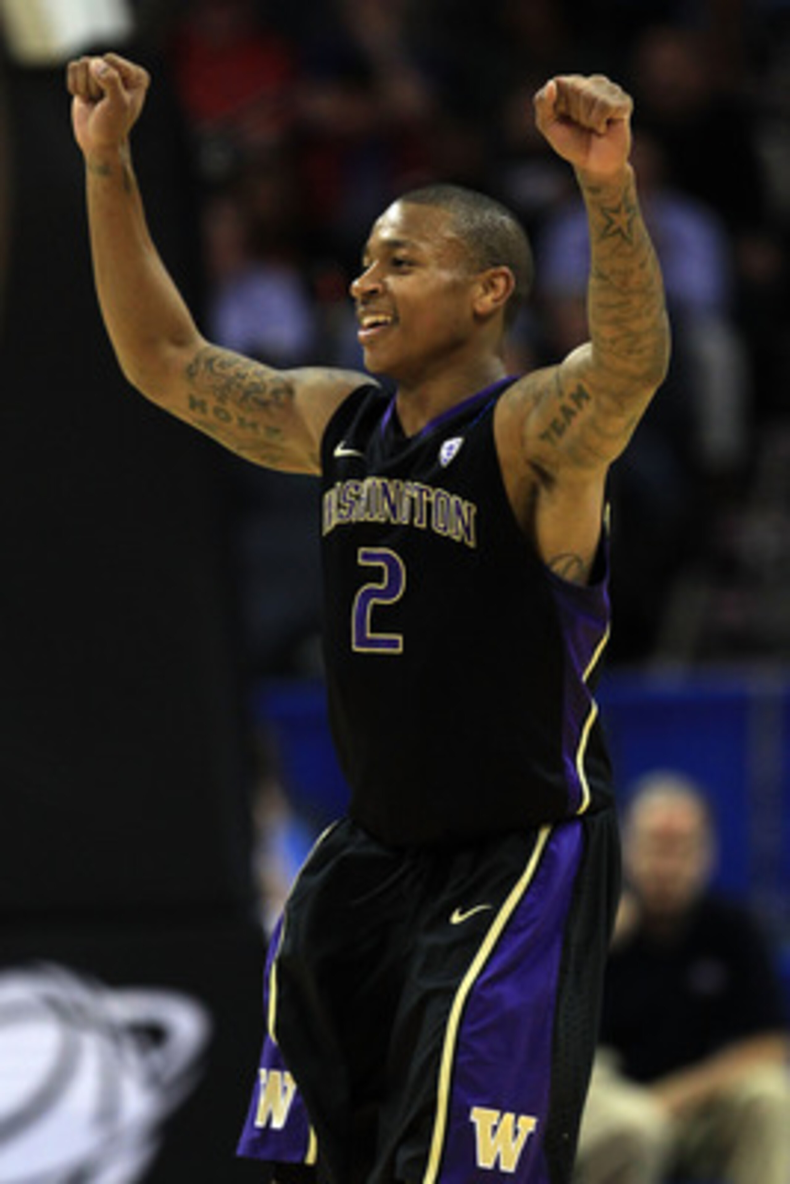 CHARLOTTE, NC - MARCH 20:  Isaiah Thomas #2 of the Washington Huskies reacts in the second half while taking on the North Carolina Tar Heels during the third round of the 2011 NCAA men's basketball tournament at Time Warner Cable Arena on March 20, 2011 i