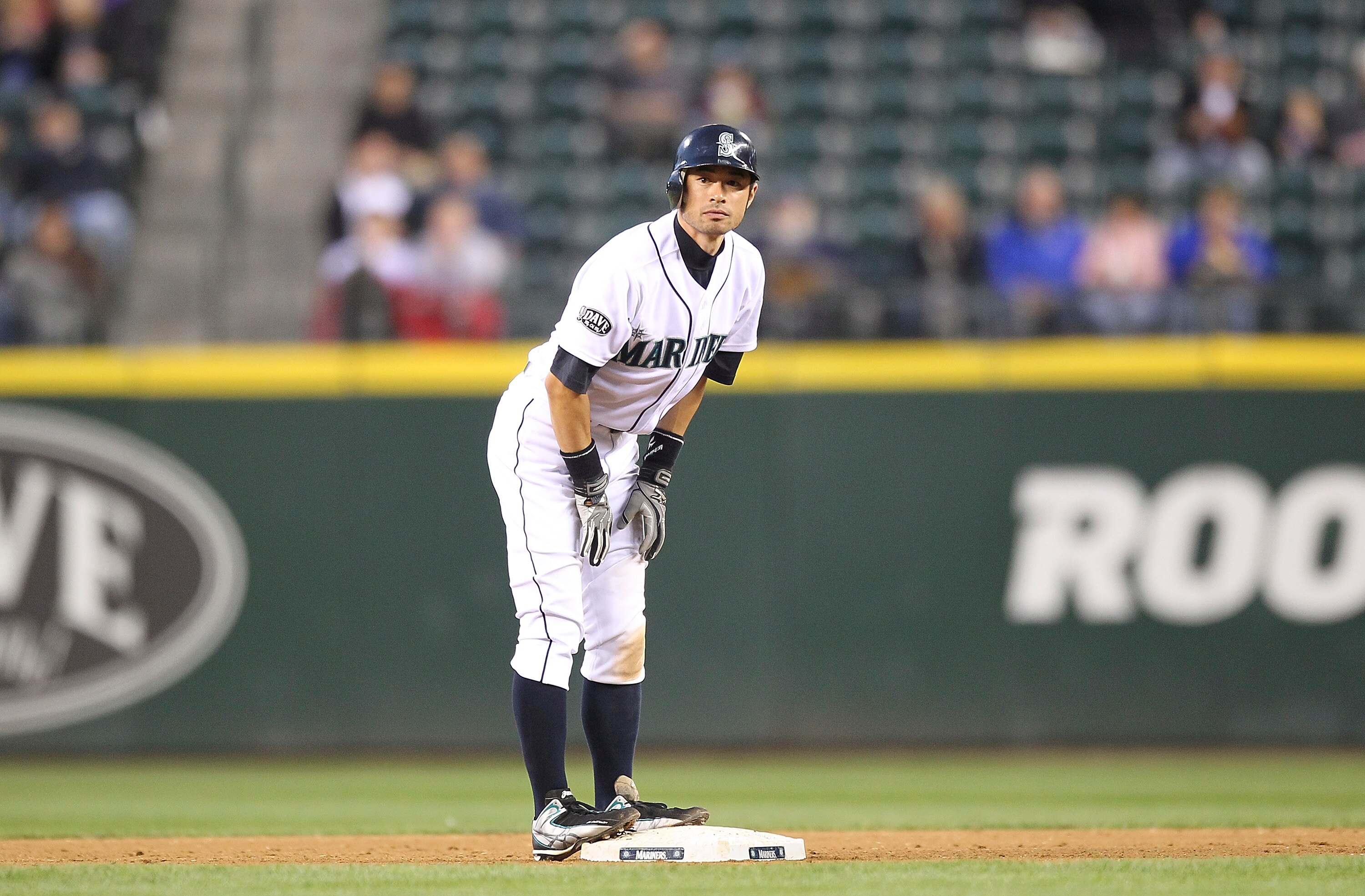 SEATTLE - JUNE 15:  Ichiro Suzuki #51 of the Seattle Mariners stands on second base after stealing it with no throw for his second stolen base of the night against the Los Angeles Angels of Anaheim at Safeco Field on June 15, 2011 in Seattle, Washington. 