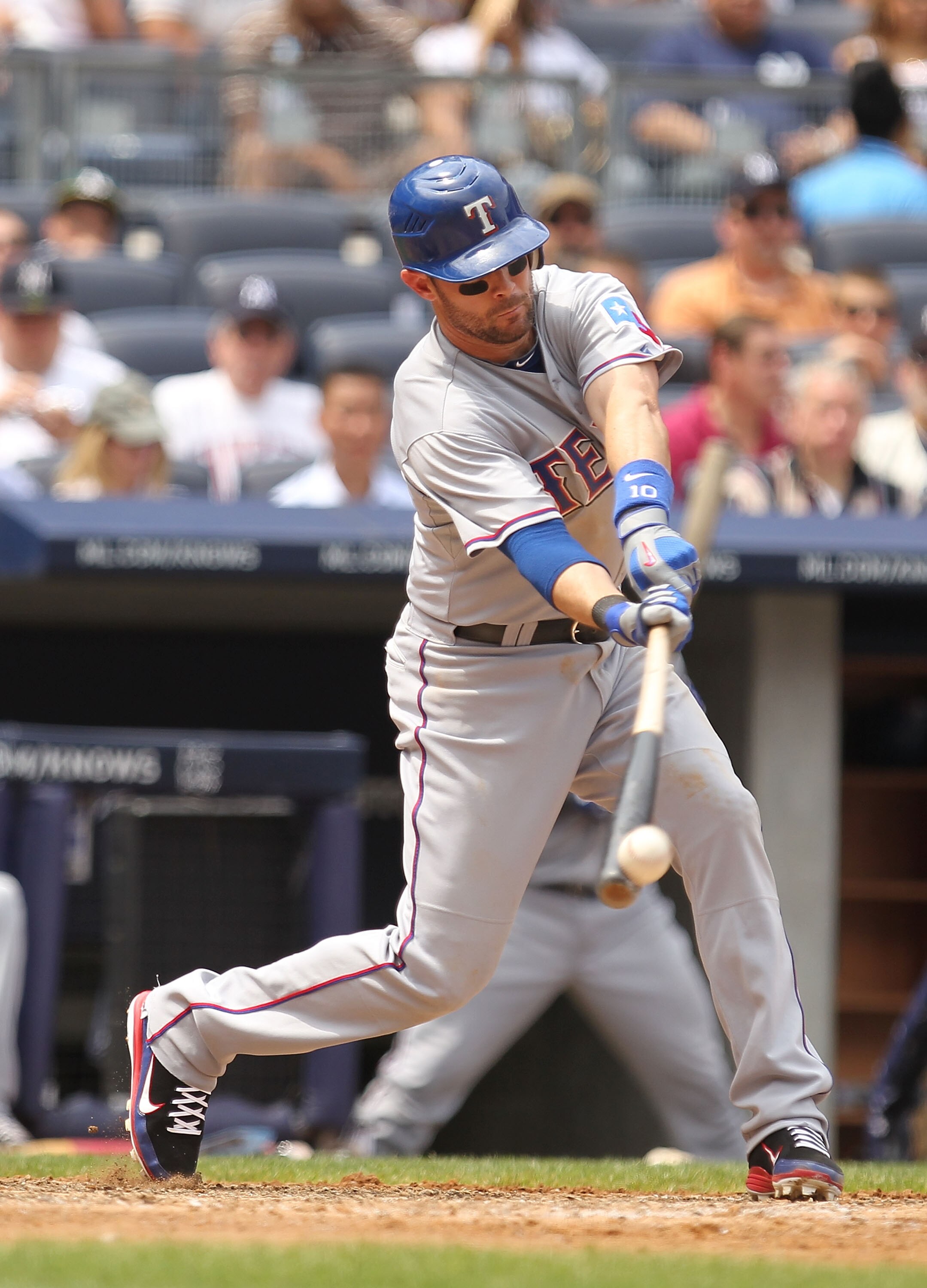 NEW YORK, NY - JUNE 16: Michael Young #10 of the Texas Rangers in action against the New York Yankees  during their game on June 16, 2011 at Yankee Stadium in the Bronx borough of New York City.  (Photo by Al Bello/Getty Images)