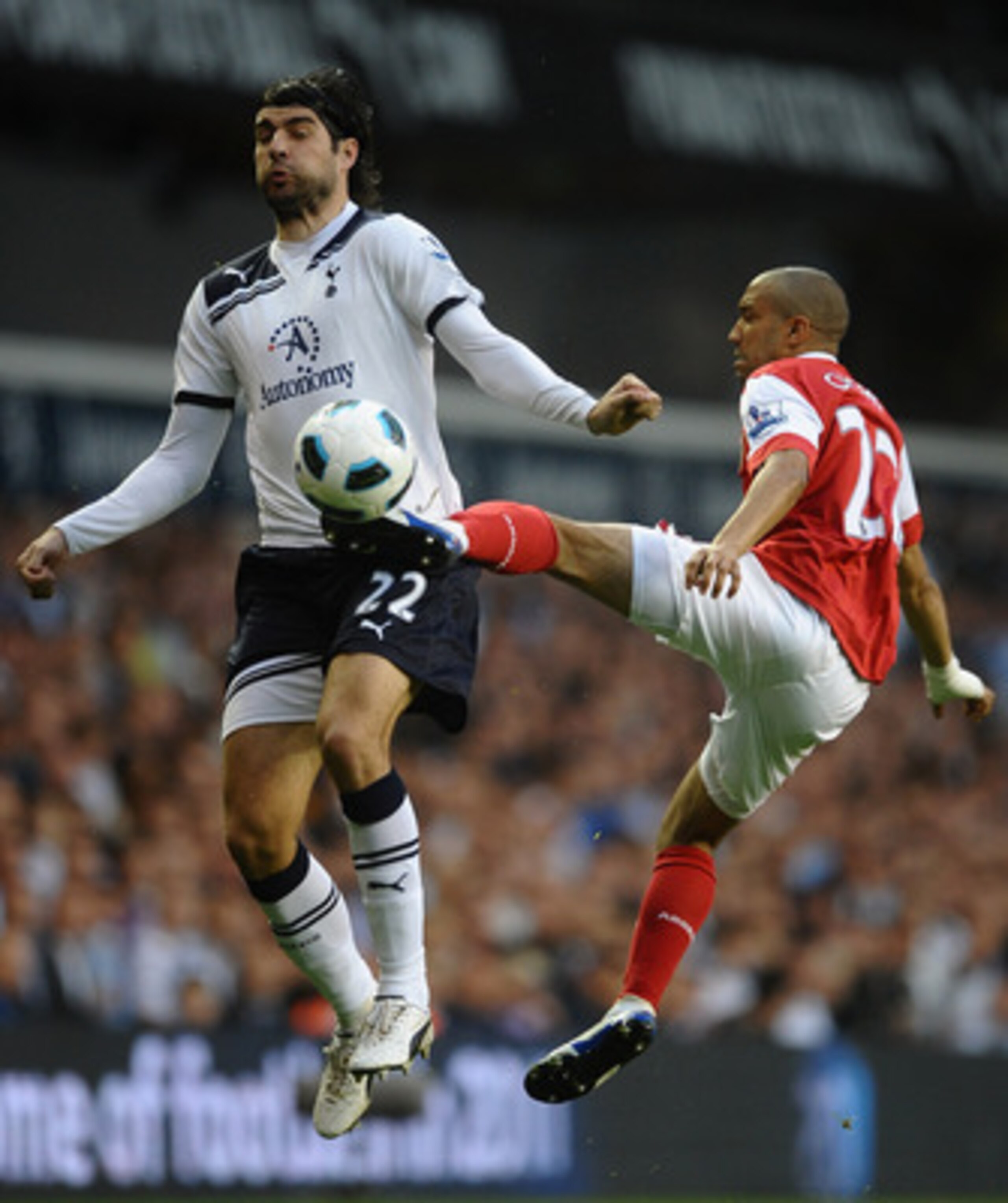 LONDON, ENGLAND - APRIL 20:  Vedran Corluka of Spurs is challenged by Gael Clichy of Arsenal during the Barclays Premier League match between Tottenham Hotspur and Arsenal at White Hart Lane on April 20, 2011 in London, England.  (Photo by Laurence Griffi