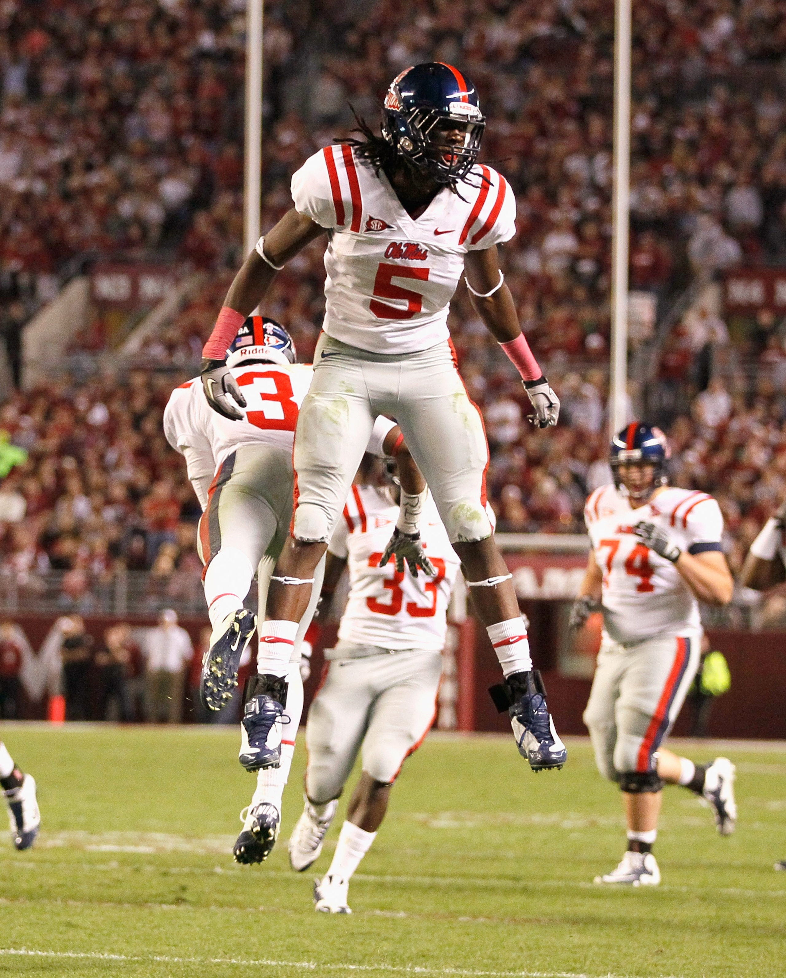 TUSCALOOSA, AL - OCTOBER 16:  Melvin Harris #5 of the Ole Miss Rebels against the Alabama Crimson Tide at Bryant-Denny Stadium on October 16, 2010 in Tuscaloosa, Alabama.  (Photo by Kevin C. Cox/Getty Images)