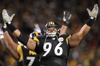 PITTSBURGH, PA - JANUARY 23:  Ziggy Hood #96 of the Pittsburgh Steelers celebrates against the New York Jets during the 2011 AFC Championship game at Heinz Field on January 23, 2011 in Pittsburgh, Pennsylvania.  (Photo by Ronald Martinez/Getty Images)