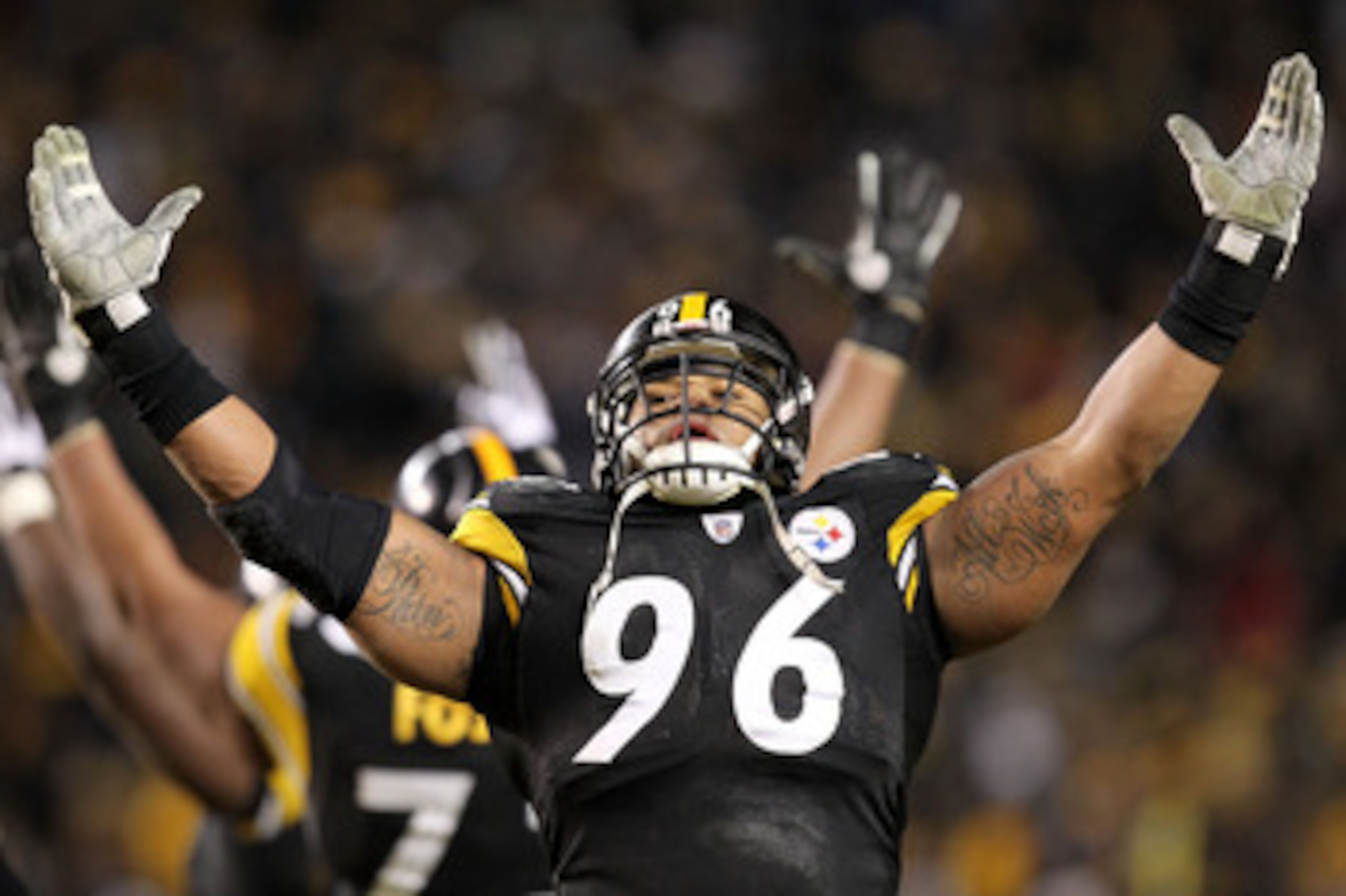 PITTSBURGH, PA - JANUARY 23: Ziggy Hood #96 of the Pittsburgh Steelers celebrates against the New York Jets during the 2011 AFC Championship game at Heinz Field on January 23, 2011 in Pittsburgh, Pennsylvania. (Photo by Ronald Martinez/Getty Images) PITTSBURGH, PA - JANUARY 23: Ziggy Hood #96 of the Pittsburgh Steelers celebrates against the New York Jets during the 2011 AFC Championship game at Heinz Field on January 23, 2011 in Pittsburgh, Pennsylvania. (Photo by Ronald Martinez/Getty Images)