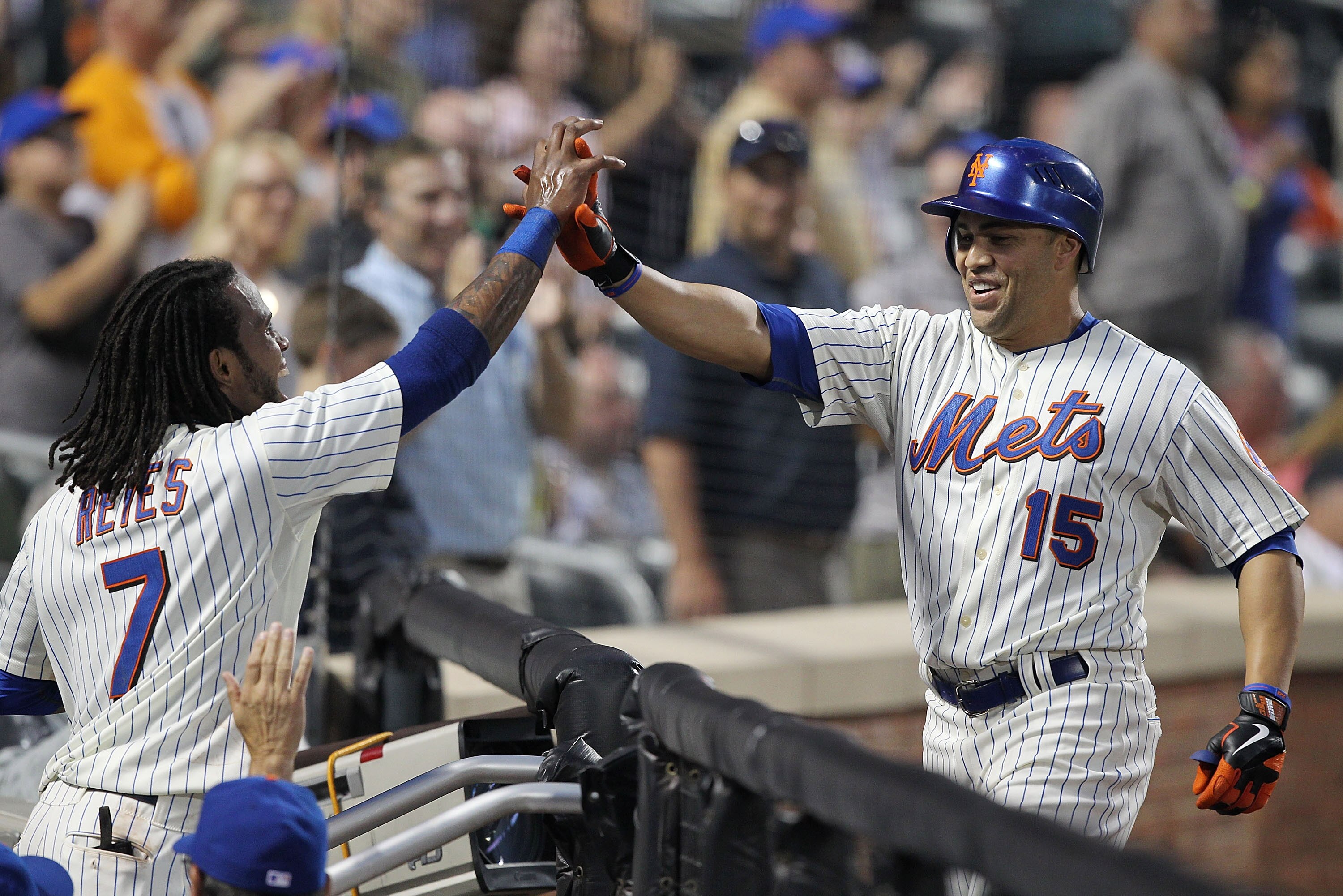 NEW YORK, NY - JUNE 18:  Carlos Beltran #15 of the New York Mets celebrates a two run home run with Jose Reyes #7 in the fifth inning against the Los Angeles Angels of Anaheim during their game on June 18, 2011 at Citi Field in the Flushing neighborhood o