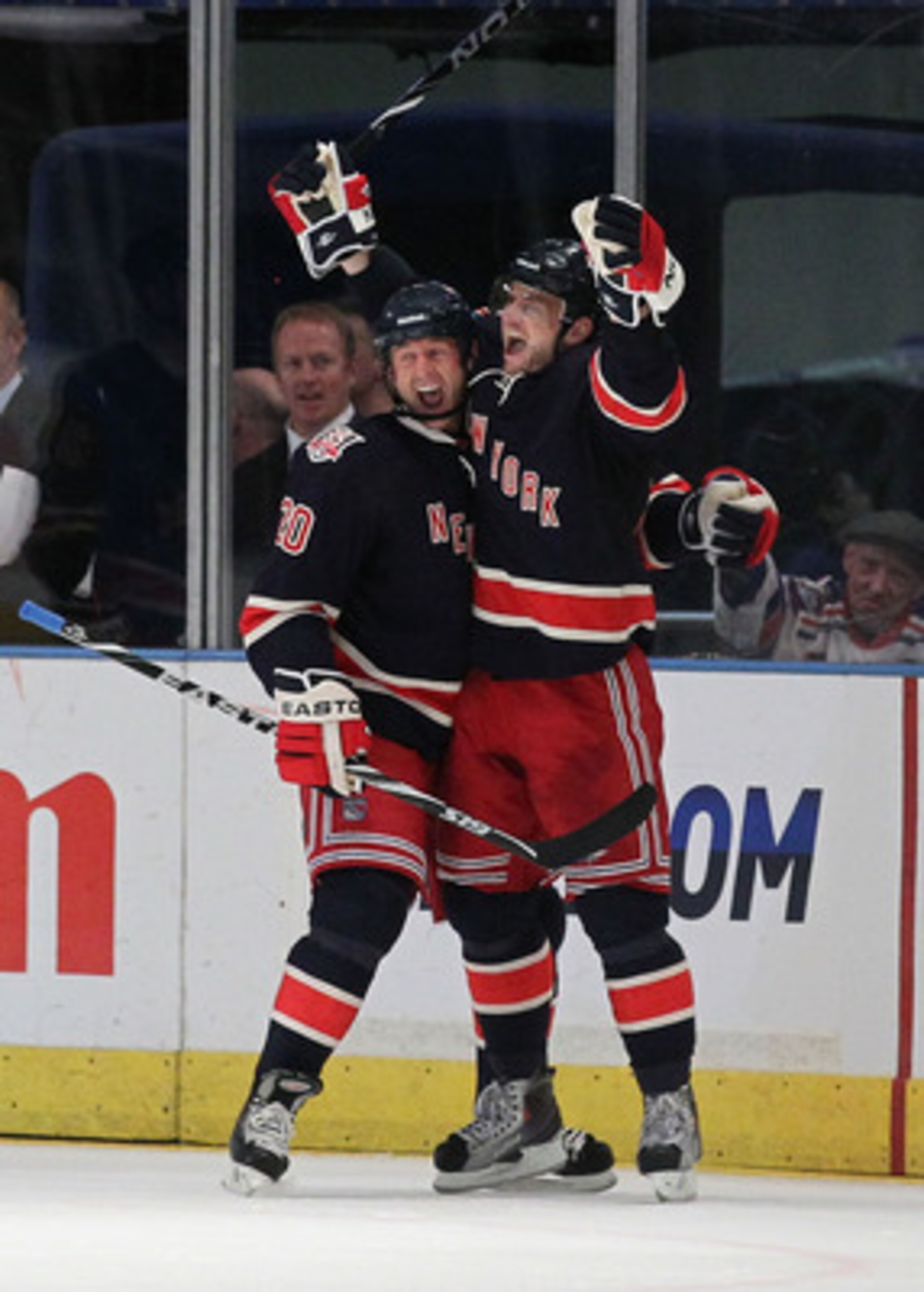 NEW YORK - MARCH 18:  Marian Gaborik #10 of the New York Rangers celebrates a goal with Vinny Prospal #20 against  the Montreal Canadiens during their game on March 18, 2011 at Madison Square Garden in New York City, New York.  (Photo by Al Bello/Getty Im