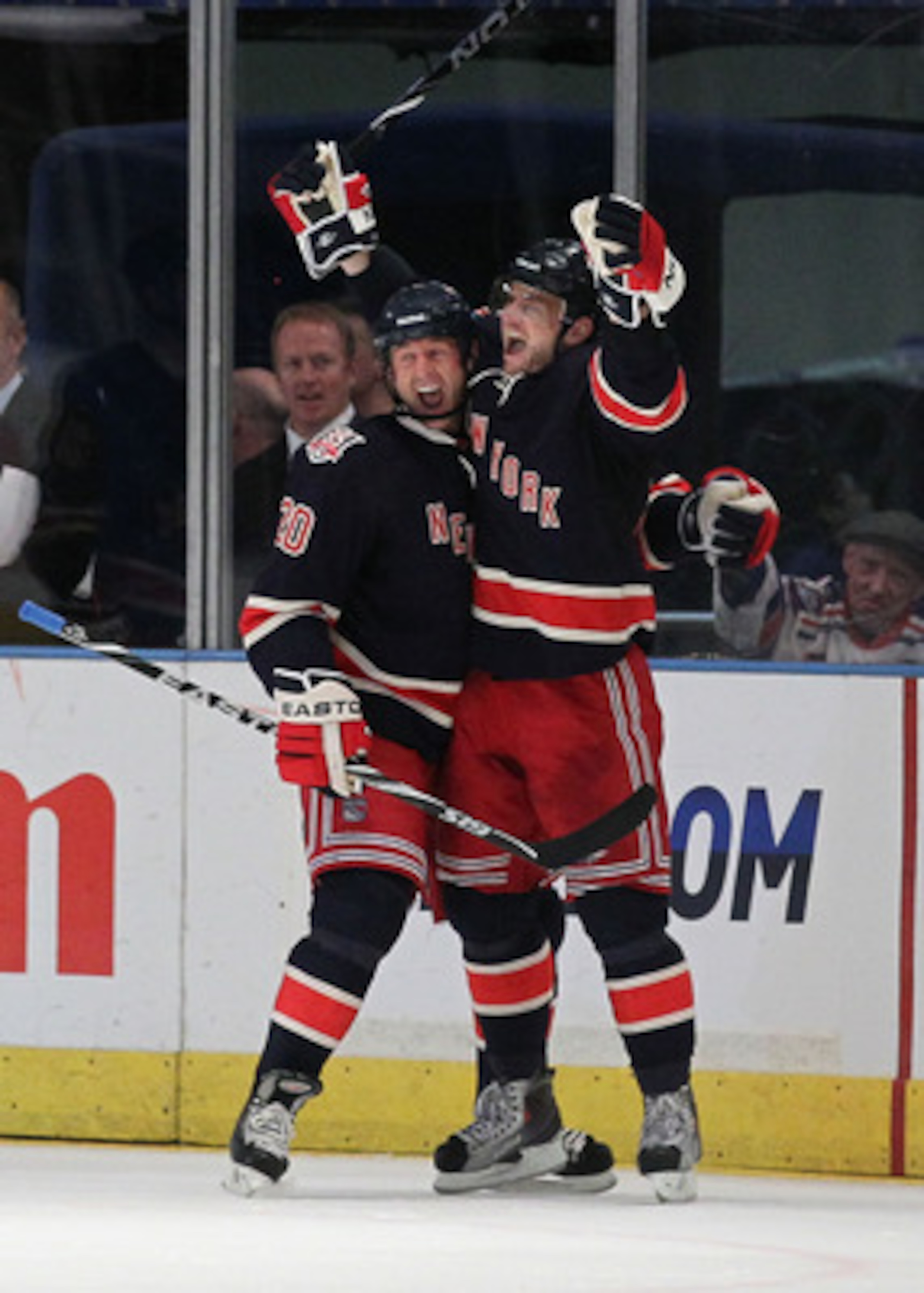 NEW YORK - MARCH 18:  Marian Gaborik #10 of the New York Rangers celebrates a goal with Vinny Prospal #20 against  the Montreal Canadiens during their game on March 18, 2011 at Madison Square Garden in New York City, New York.  (Photo by Al Bello/Getty Im