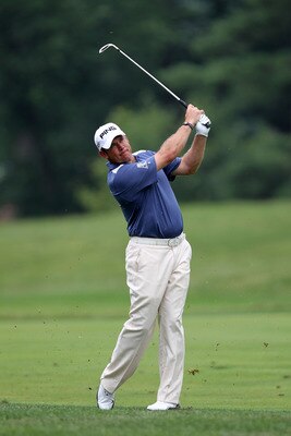 BETHESDA, MD - JUNE 19:  Lee Westwood of England watches his approach shot to the first hole during the final round of the 111th U.S. Open at Congressional Country Club on June 19, 2011 in Bethesda, Maryland.  (Photo by Jamie Squire/Getty Images)