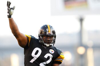PITTSBURGH - NOVEMBER 21: James Harrison #92 of the Pittsburgh Steelers pumps up the crowd during the game against the Oakland Raiders on November 21, 2010 at Heinz Field in Pittsburgh, Pennsylvania.  (Photo by Jared Wickerham/Getty Images)