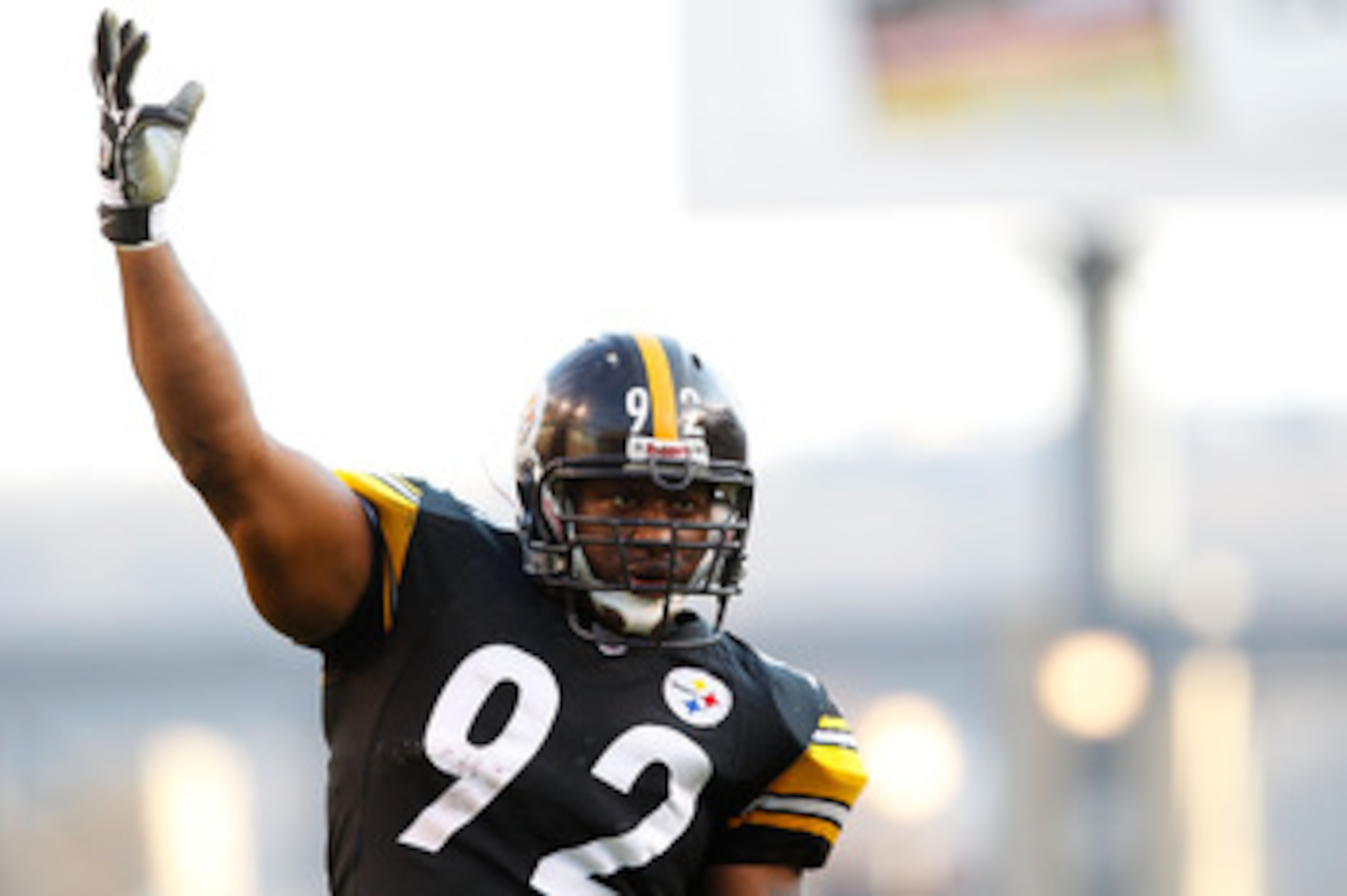 PITTSBURGH - NOVEMBER 21: James Harrison #92 of the Pittsburgh Steelers pumps up the crowd during the game against the Oakland Raiders on November 21, 2010 at Heinz Field in Pittsburgh, Pennsylvania. (Photo by Jared Wickerham/Getty Images) PITTSBURGH - NOVEMBER 21: James Harrison #92 of the Pittsburgh Steelers pumps up the crowd during the game against the Oakland Raiders on November 21, 2010 at Heinz Field in Pittsburgh, Pennsylvania. (Photo by Jared Wickerham/Getty Images)