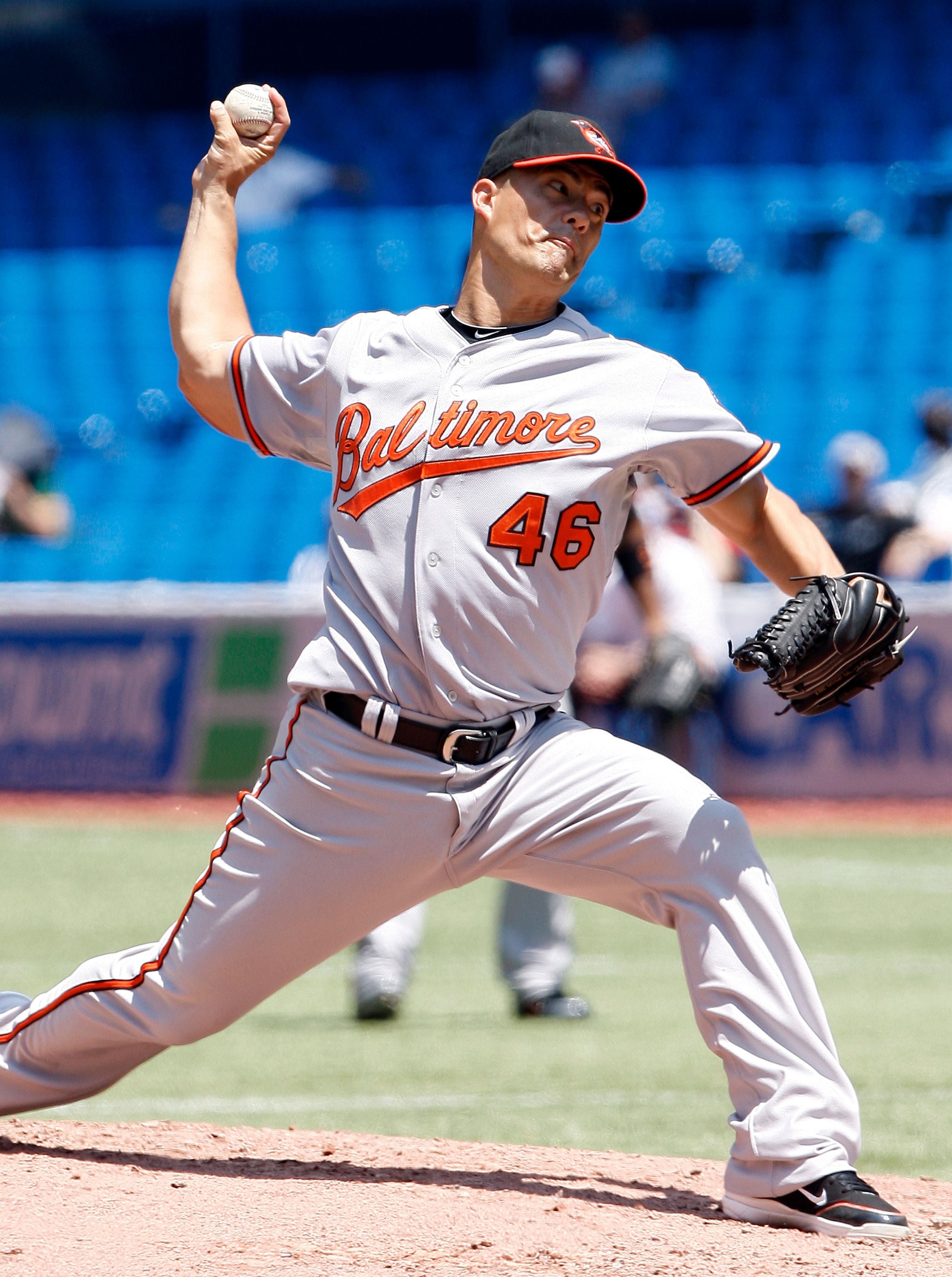 TORONTO, CANADA - JUNE 16:  Jeremy Guthrie #46 of the Baltimore Orioles throws a pitch during MLB action against the Toronto Blue Jays at The Rogers Centre June 16, 2011 in Toronto, Ontario, Canada. (Photo by Abelimages/Getty Images)