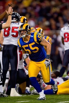 ST. LOUIS - DECEMBER 20:  James Laurinaitis #59 of the St. Louis Rams reacts to a play during the game against the Houston Texans at Edward Jones Dome on December 20, 2009 in St. Louis, Missouri.  (Photo by Dilip Vishwanat/Getty Images)