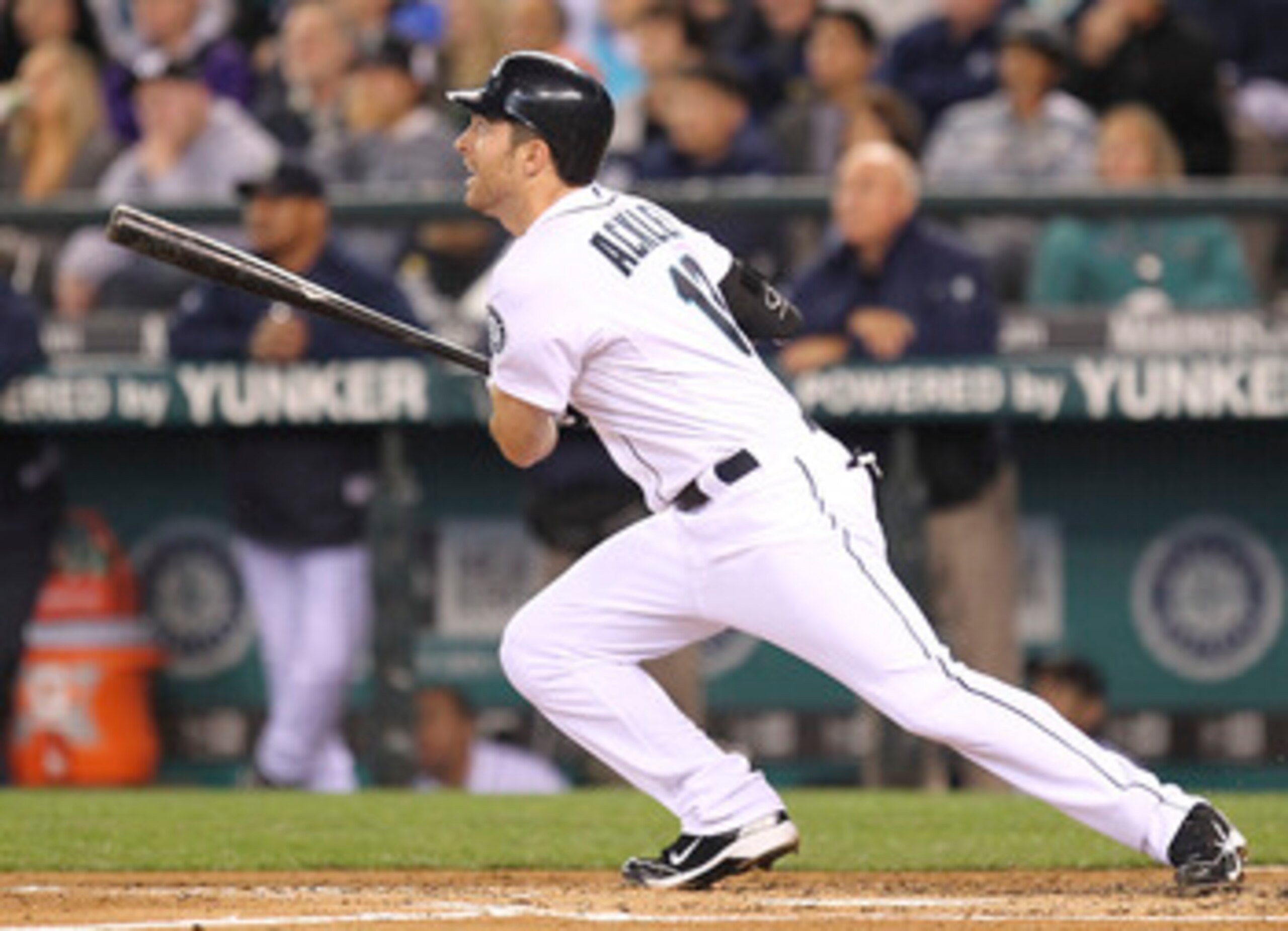 SEATTLE - JUNE 18:  Dustin Ackley #13 of the Seattle Mariners watches the flight of his solo home run in the second inning against the Philadelphia Phillies at Safeco Field on June 18, 2011 in Seattle, Washington. (Photo by Otto Greule Jr/Getty Images)
