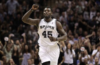 SAN ANTONIO, TX - APRIL 20:  Forward DeJuan Blair #45 of the San Antonio Spurs reacts against the Memphis Grizzlies in Game Two of the Western Conference Quarterfinals in the 2011 NBA Playoffs on April 20, 2011 at AT&T Center in San Antonio, Texas.  NOTE 