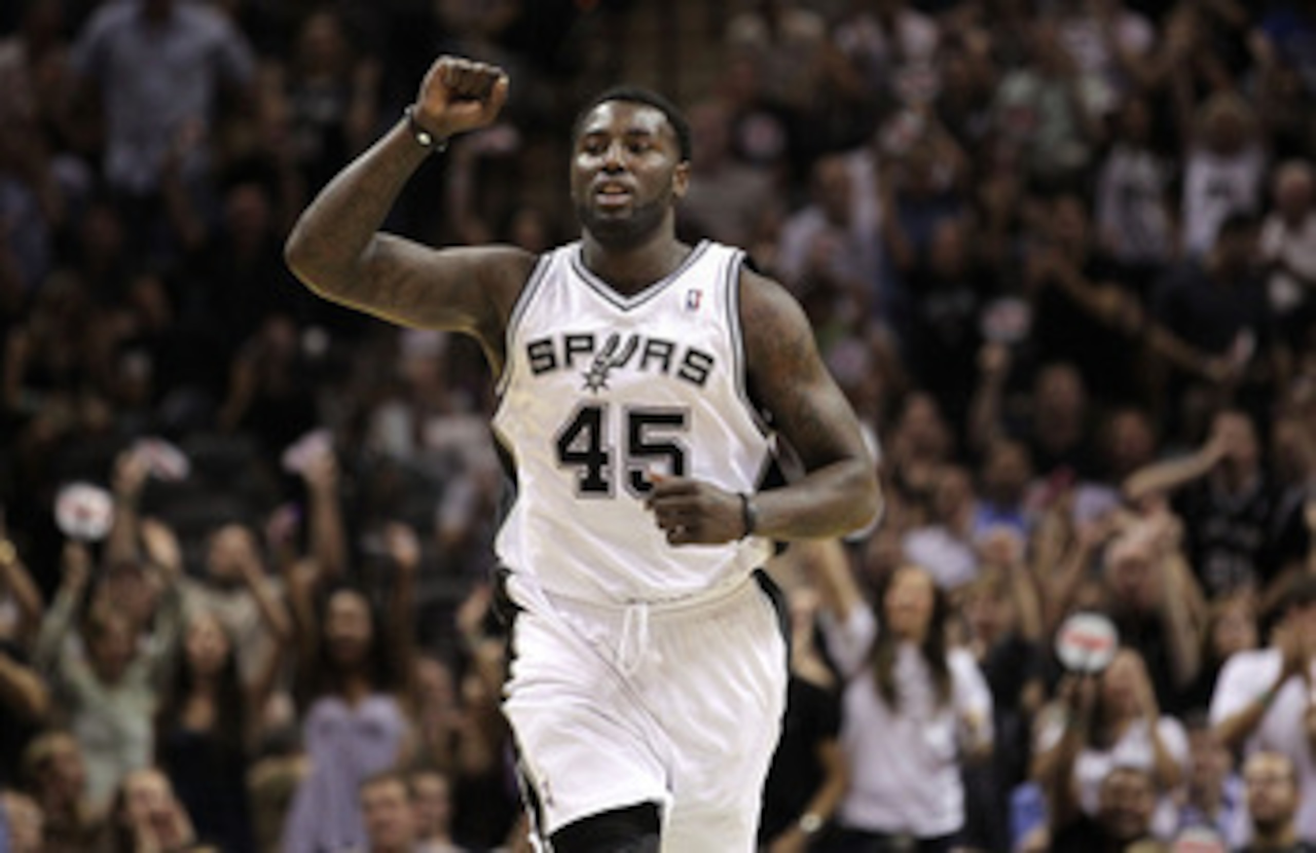 SAN ANTONIO, TX - APRIL 20:  Forward DeJuan Blair #45 of the San Antonio Spurs reacts against the Memphis Grizzlies in Game Two of the Western Conference Quarterfinals in the 2011 NBA Playoffs on April 20, 2011 at AT&T Center in San Antonio, Texas.  NOTE 