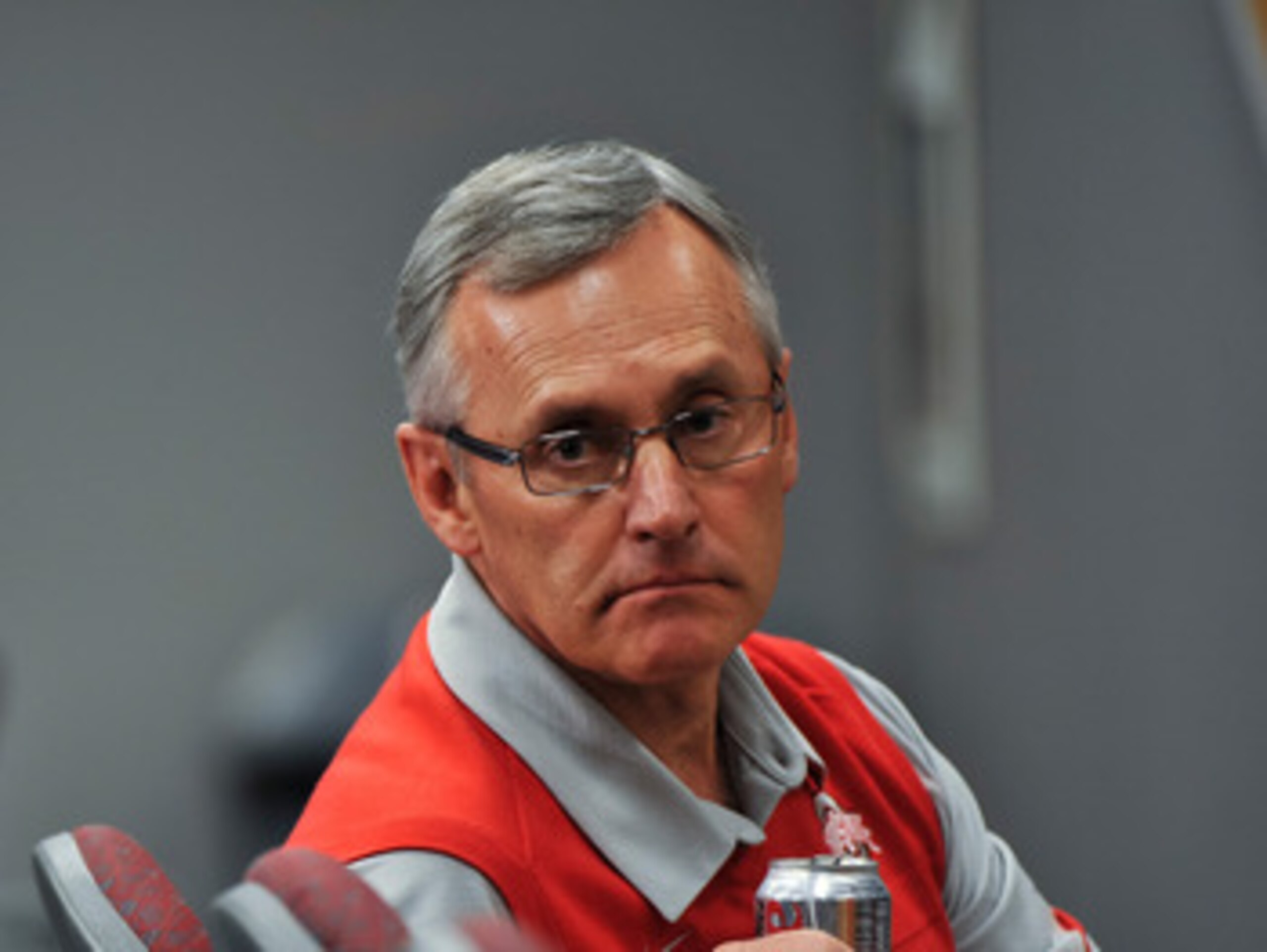 COLUMBUS, OH - MARCH 30:  Head Coach Jim Tressel listens to a member of the media during a press conference before the start of Spring practices at the Woody Hayes Athletic Center at The Ohio State University on March 30, 2011 in Columbus, Ohio. (Photo by