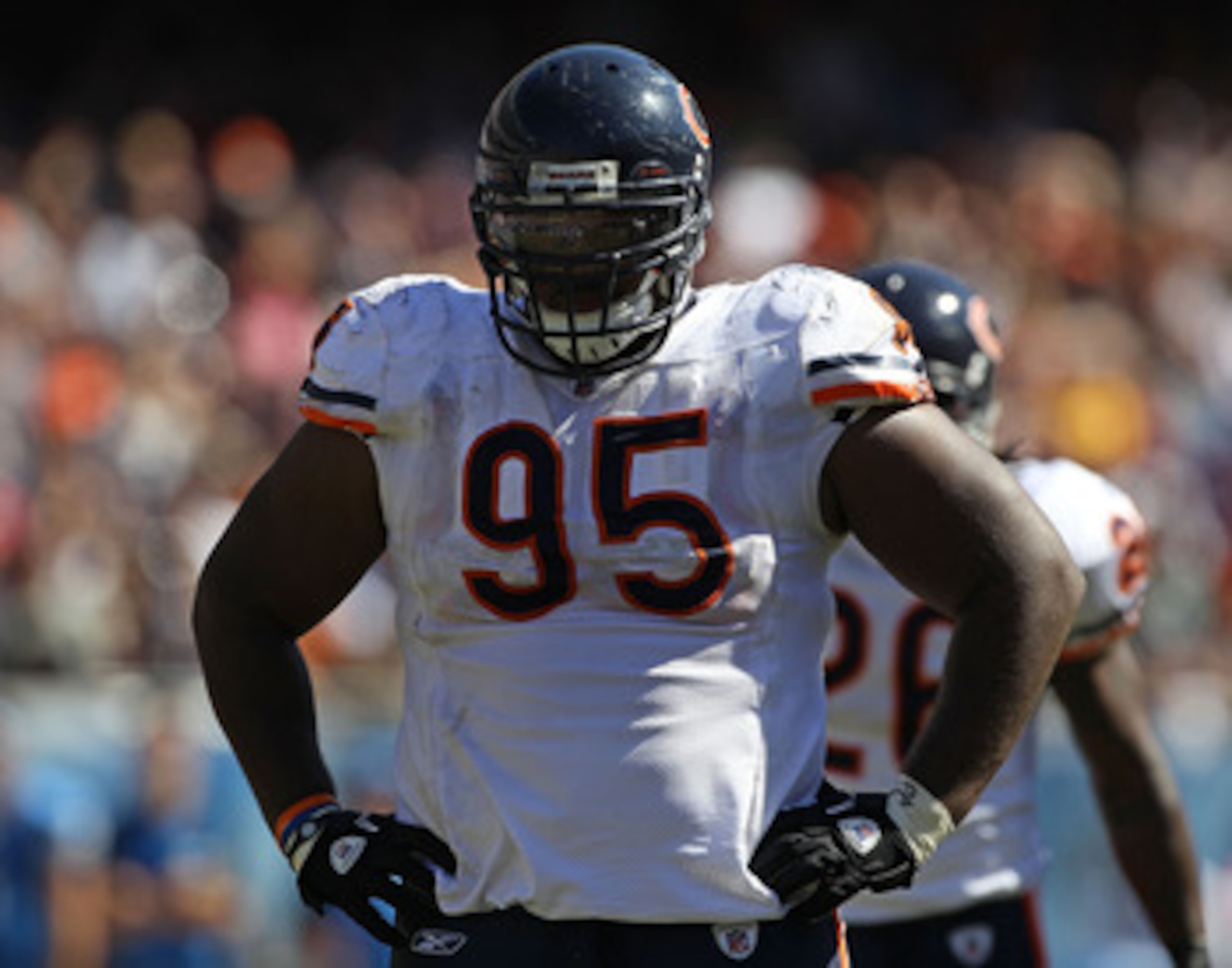 CHICAGO - SEPTEMBER 12: Anthony Adams #95 of the Chicago Bears awaits the start of play against the Detroit Lions during the NFL season opening game at Soldier Field on September 12, 2010 in Chicago, Illinois. The Bears defeated the Lions 19-14. (Photo b CHICAGO - SEPTEMBER 12: Anthony Adams #95 of the Chicago Bears awaits the start of play against the Detroit Lions during the NFL season opening game at Soldier Field on September 12, 2010 in Chicago, Illinois. The Bears defeated the Lions 19-14. (Photo b