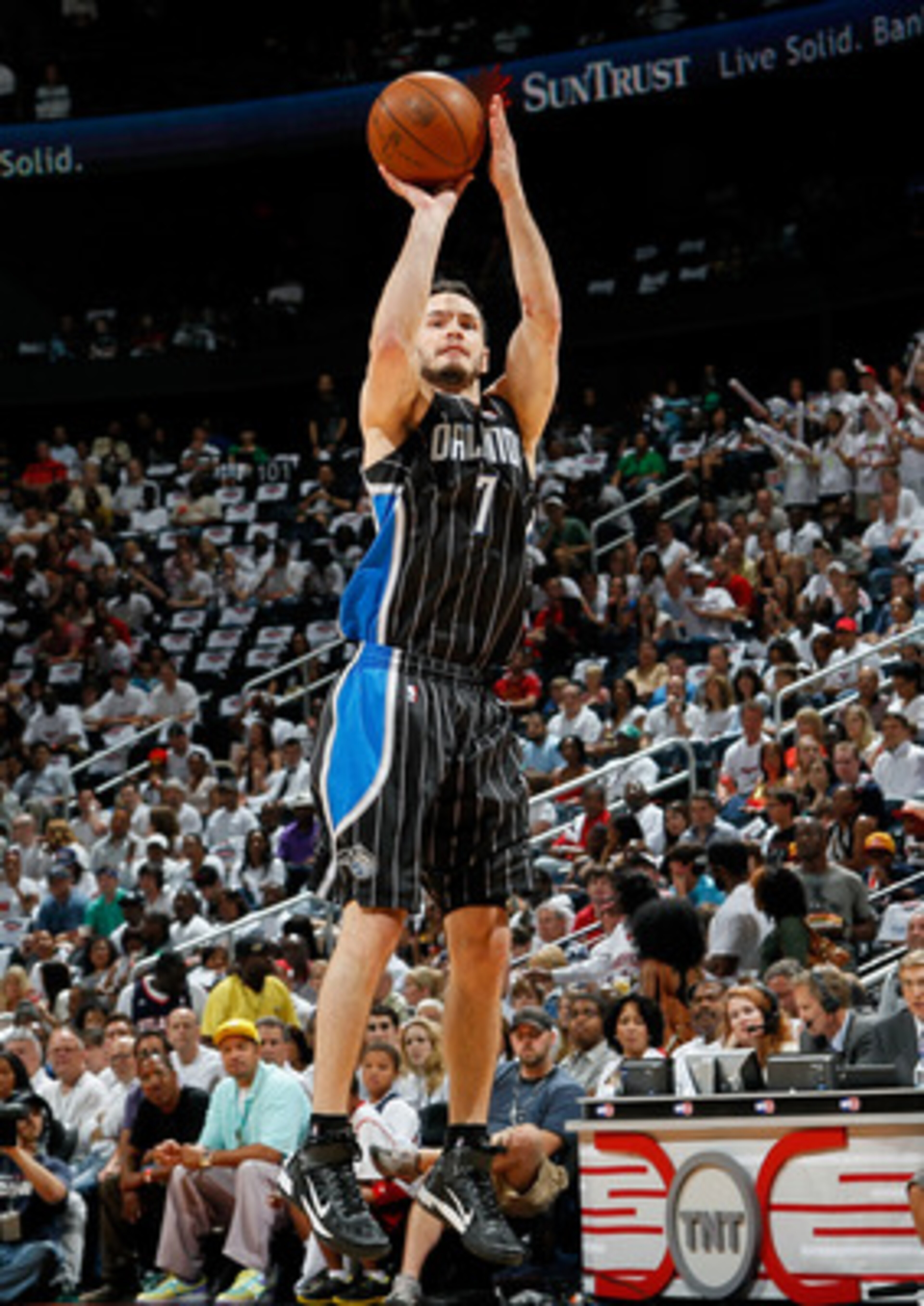 ATLANTA, GA - APRIL 24:  J.J. Redick #7 of the Orlando Magic against the Atlanta Hawks during Game Four of the Eastern Conference Quarterfinals in the 2011 NBA Playoffs at Philips Arena on April 24, 2011 in Atlanta, Georgia.  NOTE TO USER: User expressly 