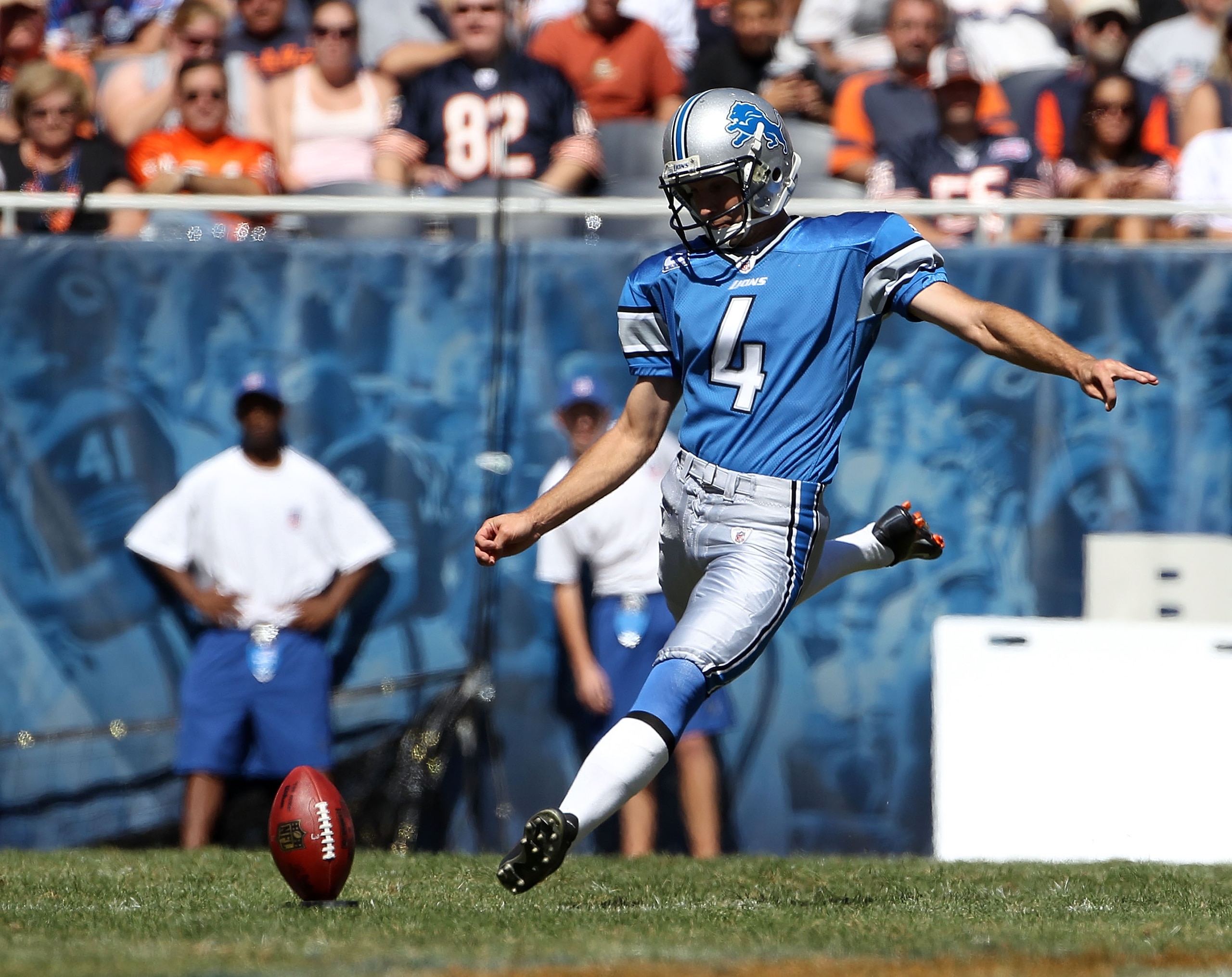 CHICAGO - SEPTEMBER 12: Jason Hanson #4 of the Detroit Lions kicks-off against the Chicago Bears during the NFL season opening game at Soldier Field on September 12, 2010 in Chicago, Illinois. The Bears defeated the Lions 19-14. (Photo by Jonathan Daniel/